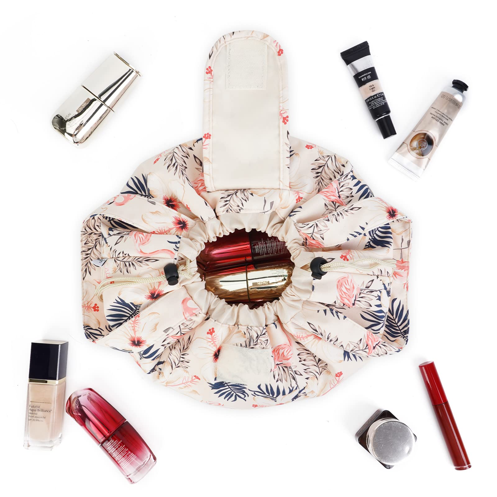 Floral Drawstring Makeup Bag for Women - Large Cosmetic & Toiletry Organizer with Patent Design (Beige Flamingo Print) - Perfect for Travel, Gym, and Daily Beauty Storage