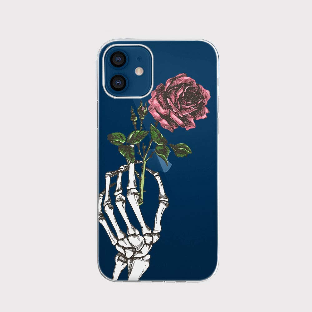 FancyCase Compatible with iPhone 12 Case (6.1 Inch) - Stylish Skeleton Rose Design Flexible TPU Protective Clear Cover | Slim Fit Shockproof Phone Case for Women & Men | Perfect for Daily Use, Work & Travel