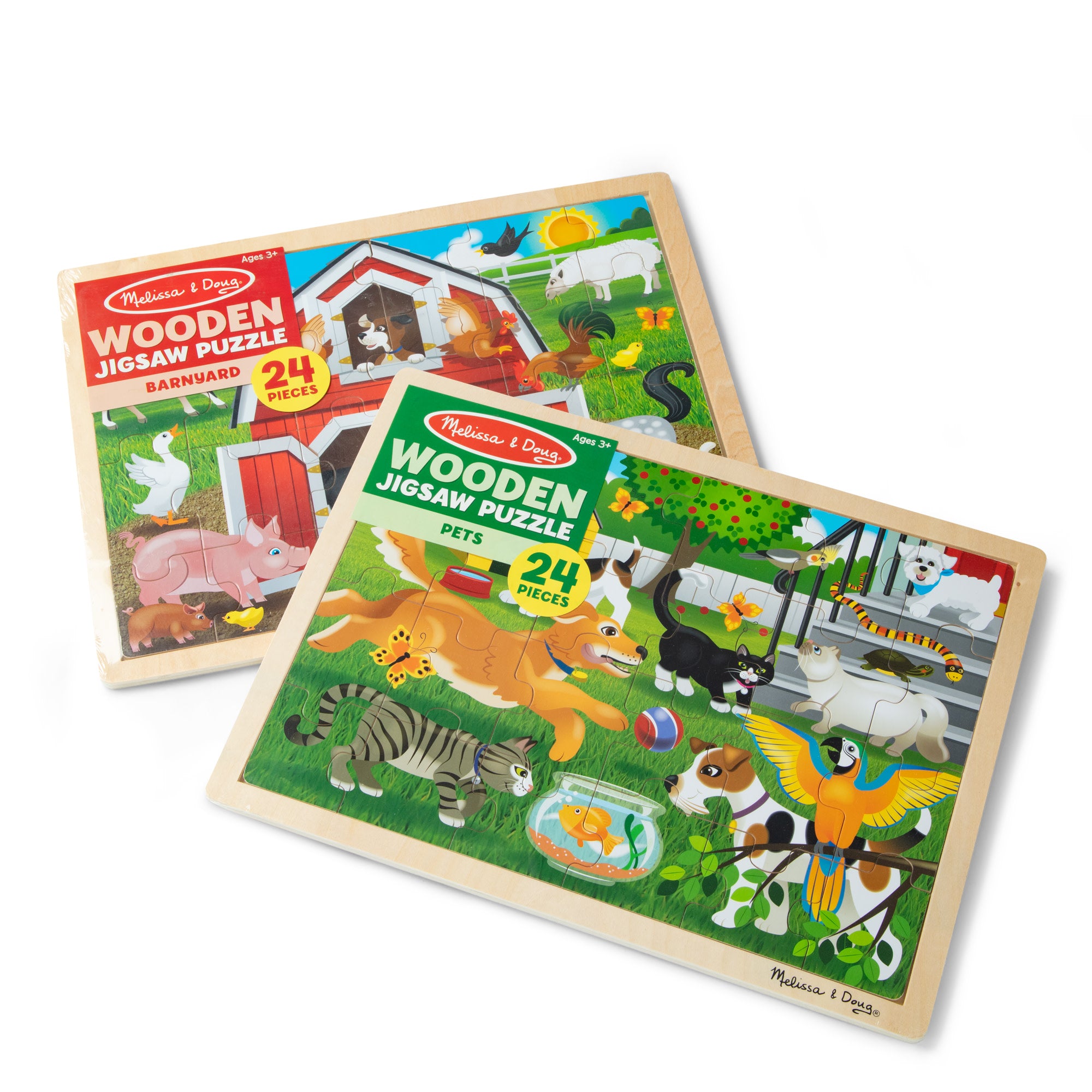24-Piece Wooden Jigsaw Puzzle Set - 2 Pack with Adorable Pets & Farm Animals | Fun Learning Activity for Kids, Perfect for Preschool Education & Family Game Night