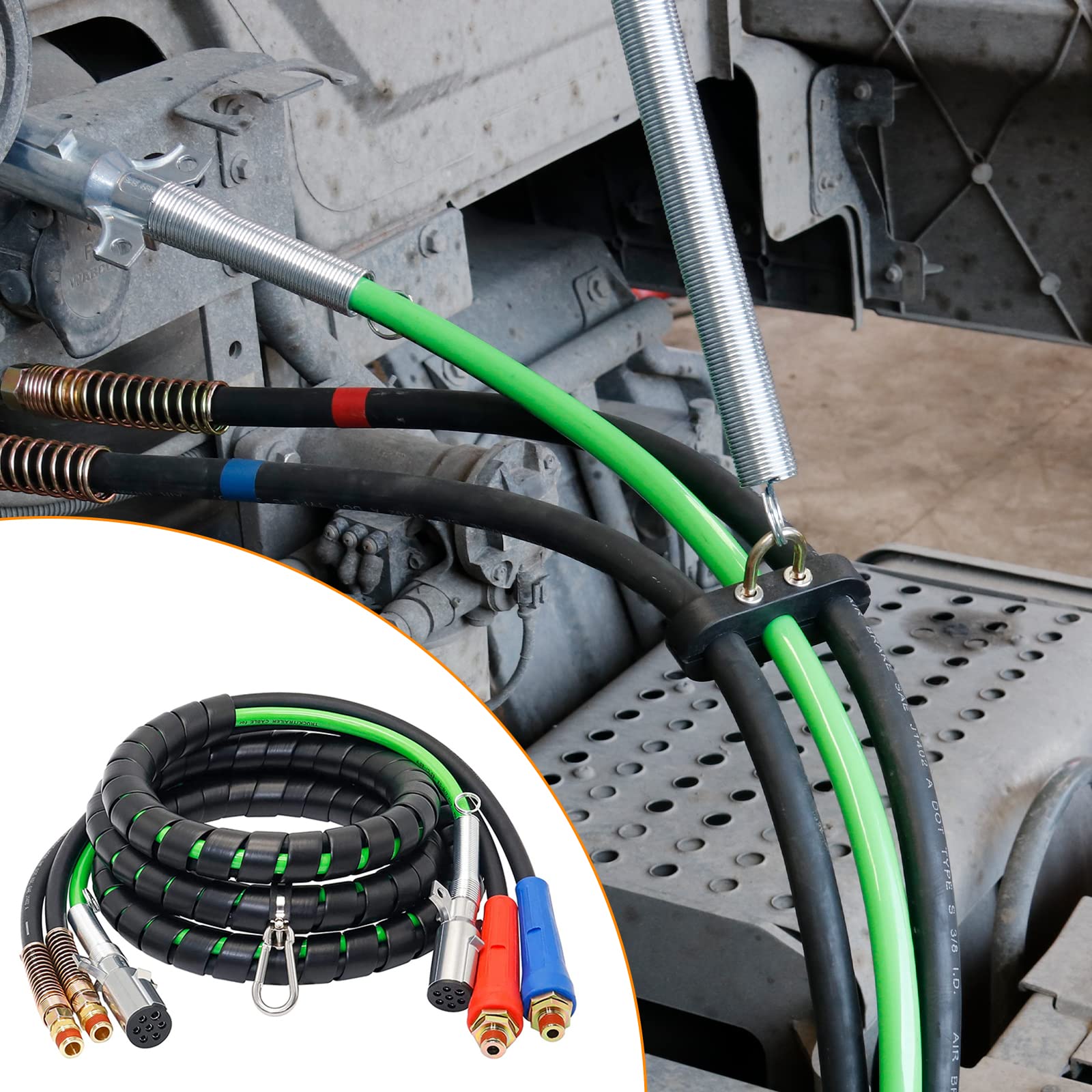 KOOTANS 15FT Semi Truck Air Lines Kit - 3-in-1 Trailer Cord & Air Brake Hoses Assembly with 7-Way ABS Electric Power Line | Durable Air Hoses Kit for Semi Truck, Trailer & Tractor | Ideal for Long-Haul Transport & Heavy-Duty Towing
