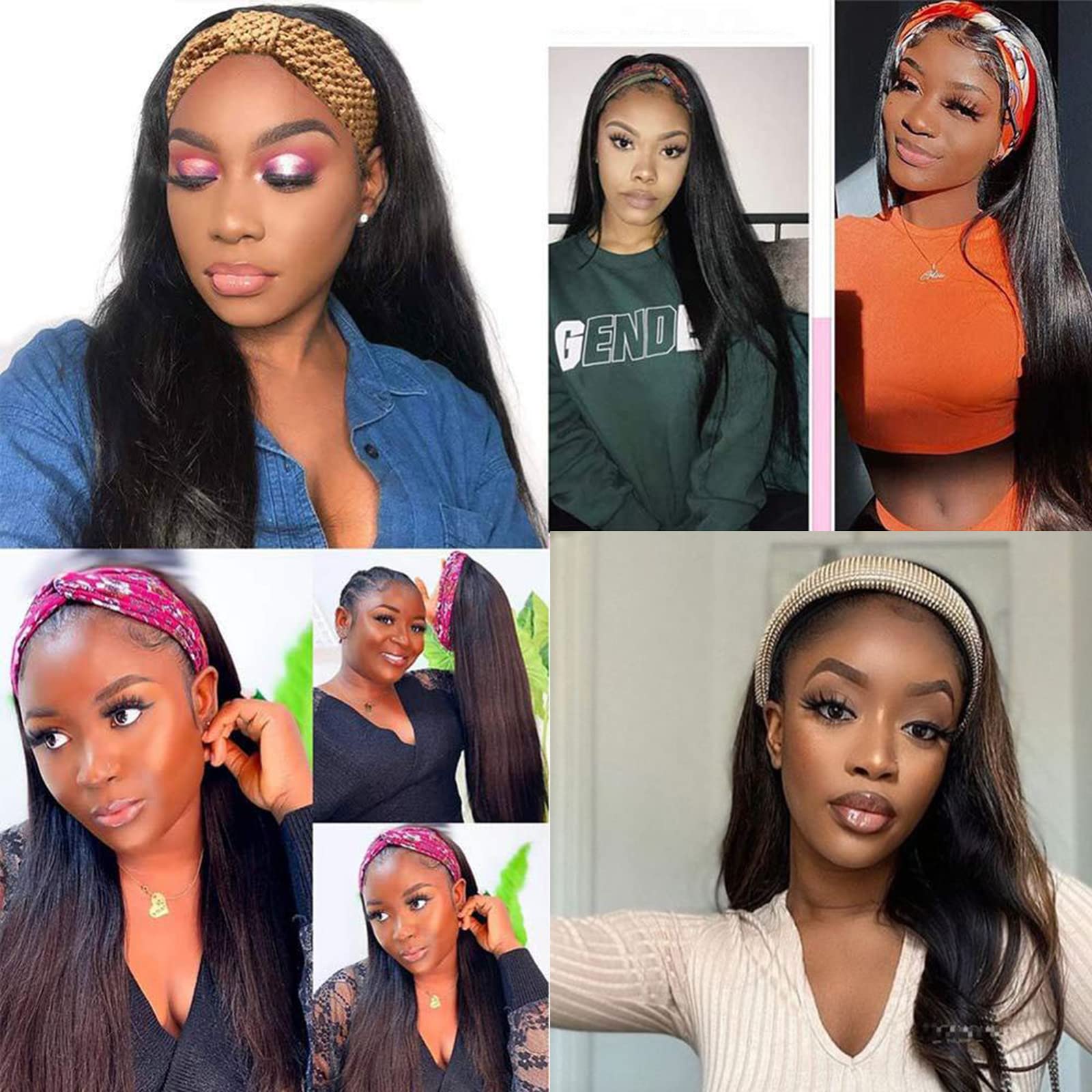 ISEE 10A Headband Wig Straight Human Hair Wigs for Black Women - 180% Density Brazilian Virgin Hair Machine Made Headband Wig, Non Lace Front Human Hair Wigs 24 Inch - Perfect for Daily Wear, Parties, and Special Occasions