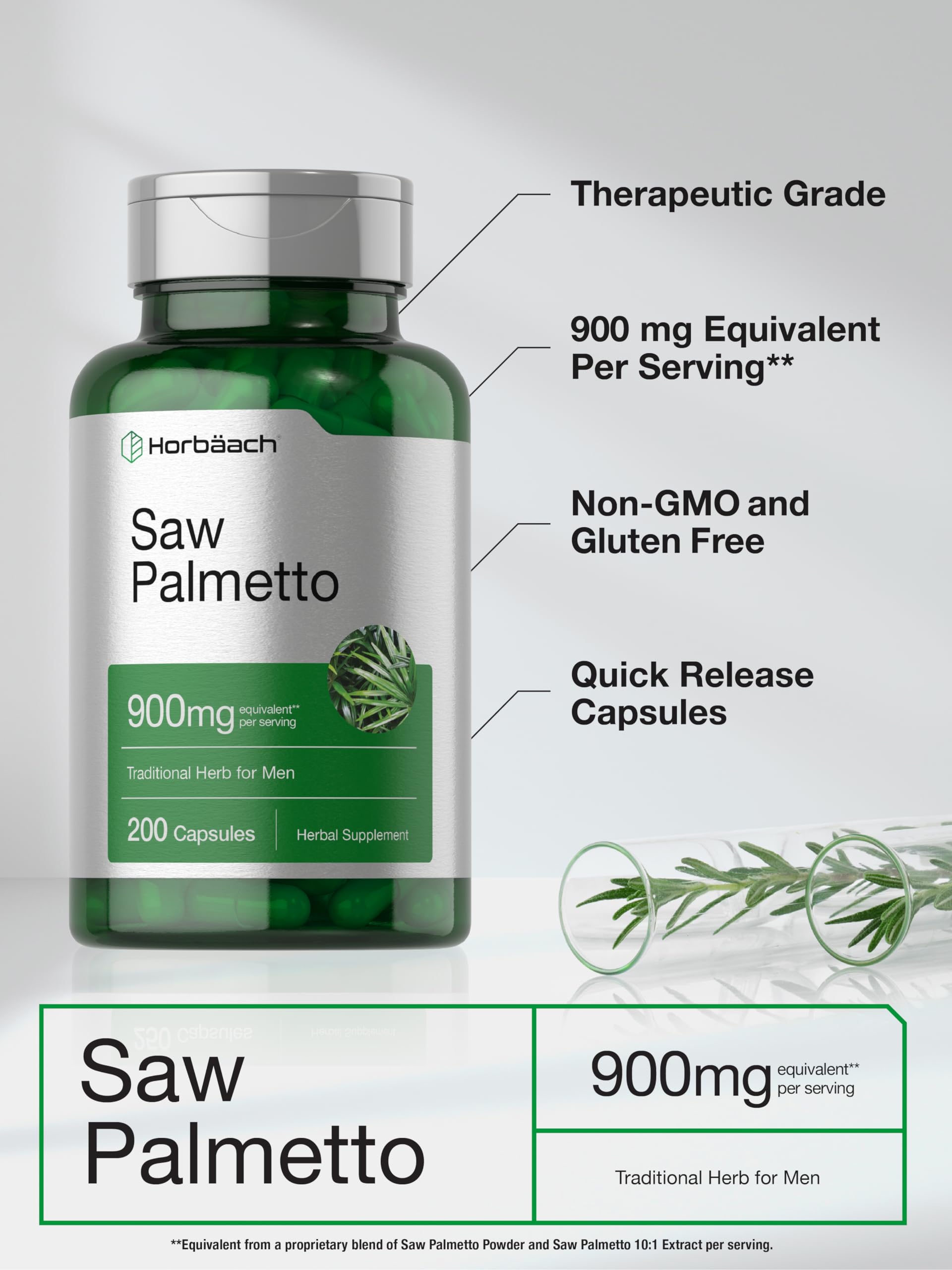 Horbaach Saw Palmetto Extract 900mg - 200 Capsules | Non-GMO, Gluten Free Supplement | Supports Prostate & Urinary Health | Made from Pure Saw Palmetto Berries | for Men's Wellness & Hair Growth Support