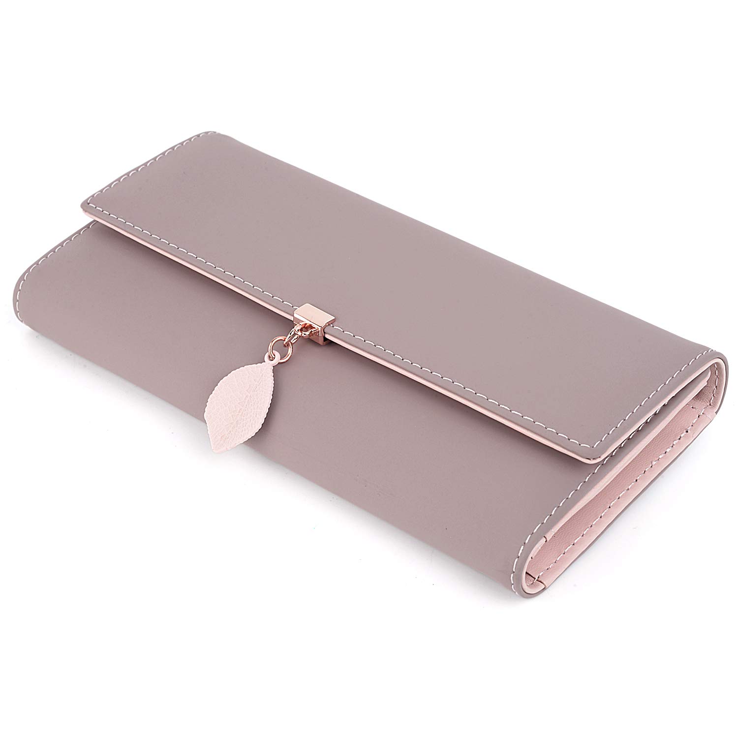 UTO RFID Blocking Wallet for Women - PU Leather Leaf Pendant Card Holder with Zipper Coin Purse | Phone & Checkbook Organizer | Perfect for Travel, Shopping & Everyday Use