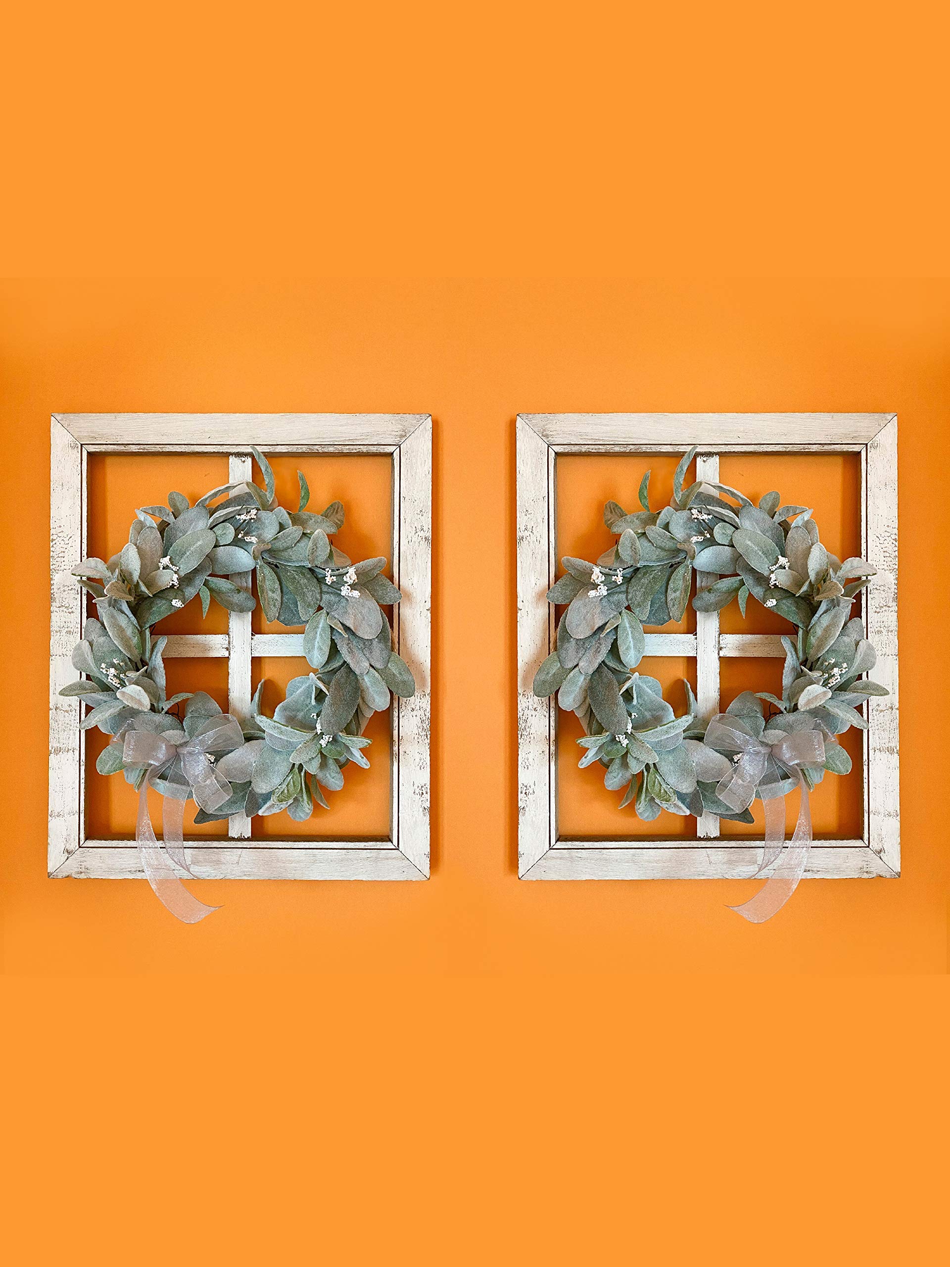 Farmhouse Rustic Window Frame with Lambs Ear Wreath - Decorative Wall Hanging for Home, Front Door, Living Room & Entryway Decor - Perfect for Spring, Summer, Fall & Winter Seasonal Decorations