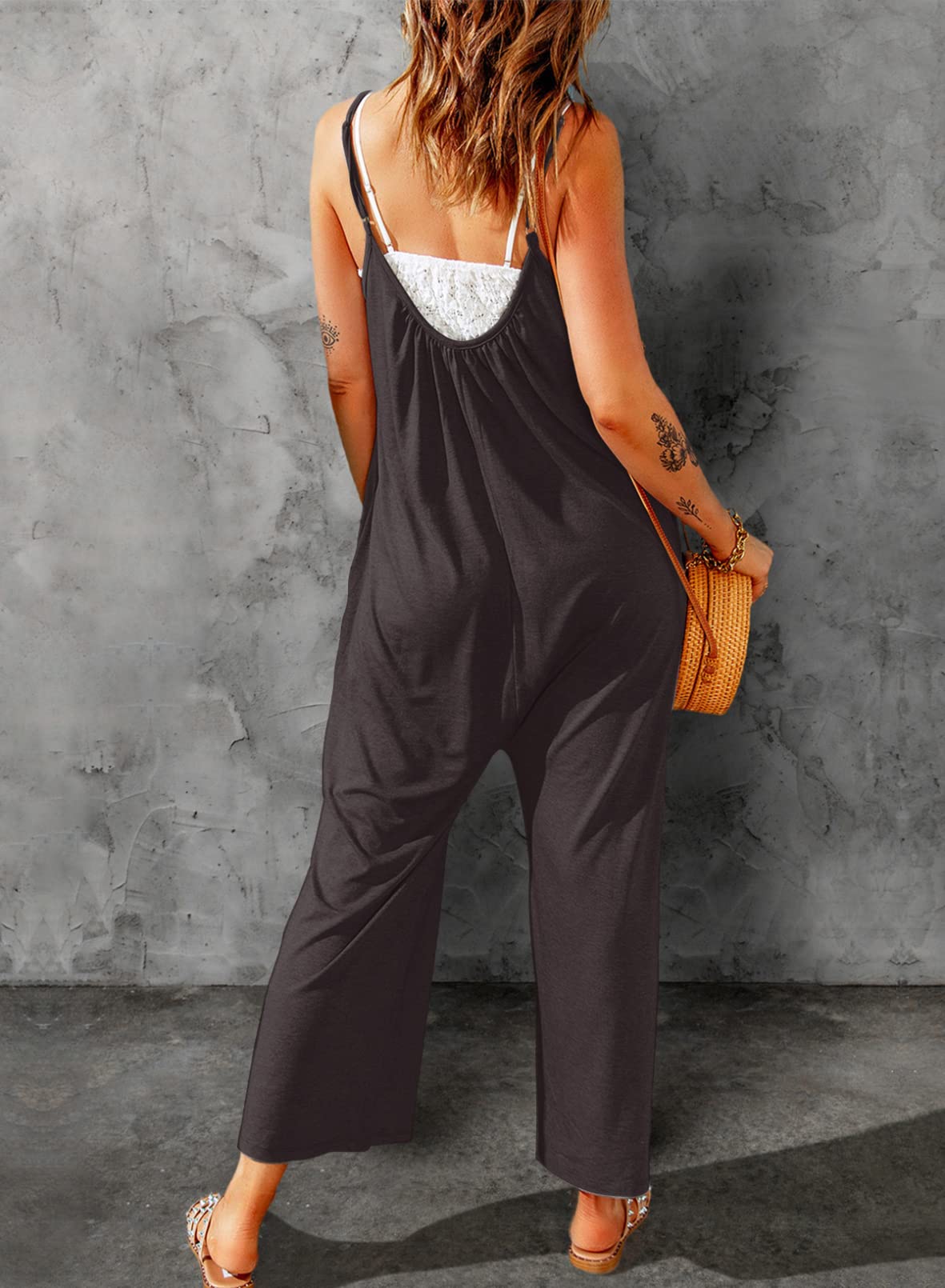 Dokotoo Women's Loose Sleeveless Jumpsuit - Adjustable Spaghetti Strap Stretchy Long Pant Romper with Pockets | Casual Summer Outfit, Beach Cover Up, Lounge Wear, Travel Jumpsuit