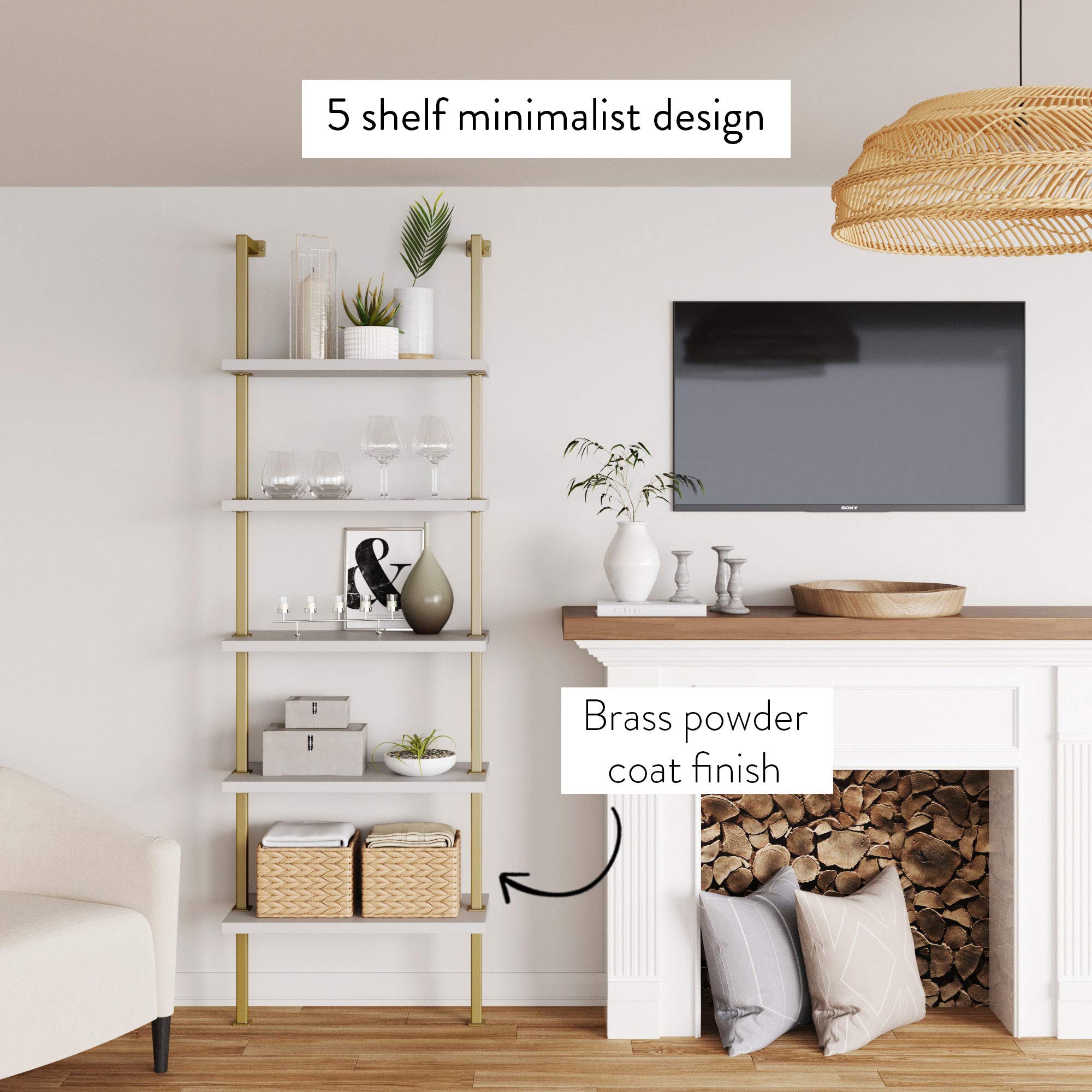 Nathan James Theo 5-Shelf Modern Bookcase - Industrial Metal Frame Open Ladder Bookshelf in White/Gold | Perfect for Living Room, Bedroom & Office Storage