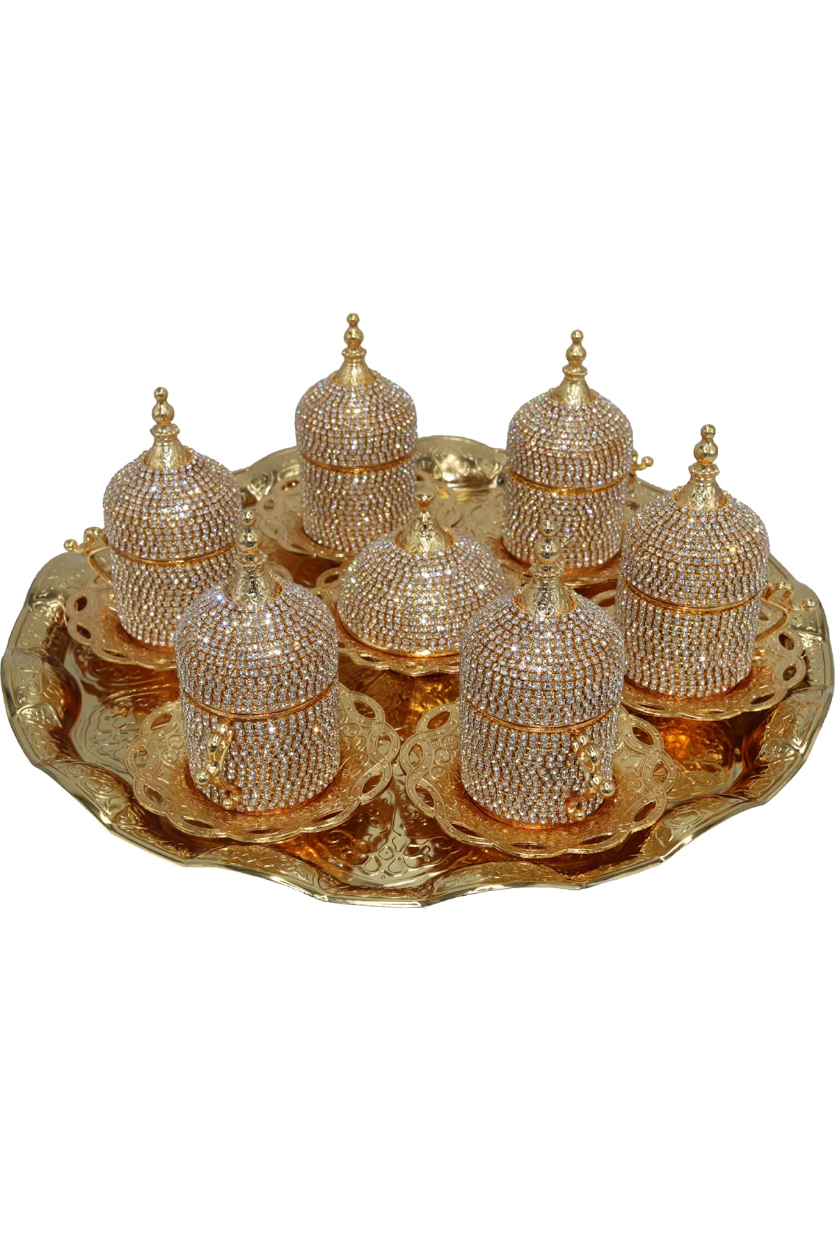BADANG Turkish Espresso Coffee Cups Set of 6 - Crystal Gold Ottoman Style Arabic Greek Coffee Cups with Teapot & Ewer - Perfect for Traditional Coffee Ceremonies, Home Decor & Gift Giving