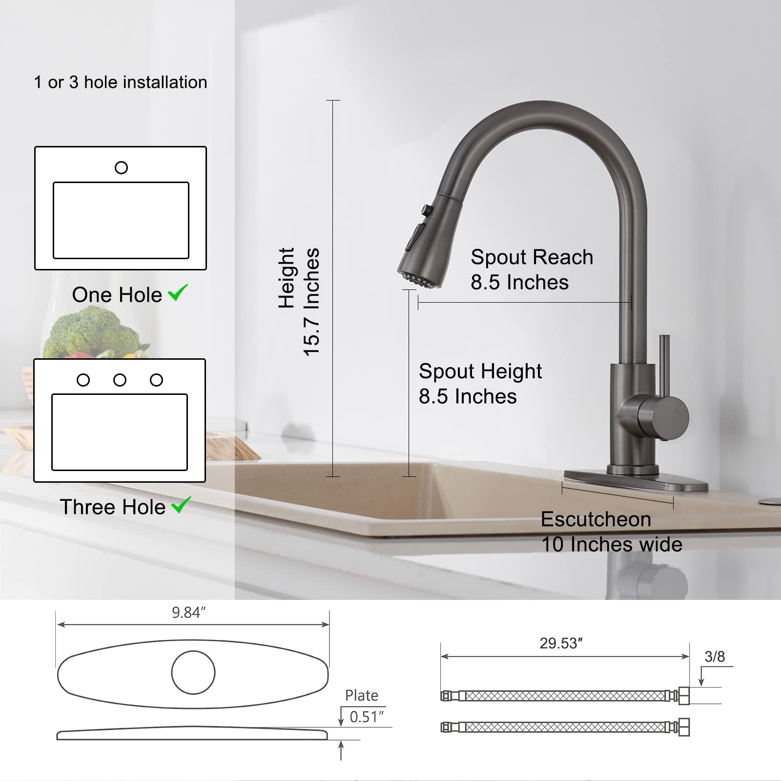 Brushed Nickel Kitchen Faucet with Pull-Down Sprayer - Sleek, Classic Design for Effortless Cleaning, Matte Gray Finish, Perfect for Modern and Traditional Kitchens