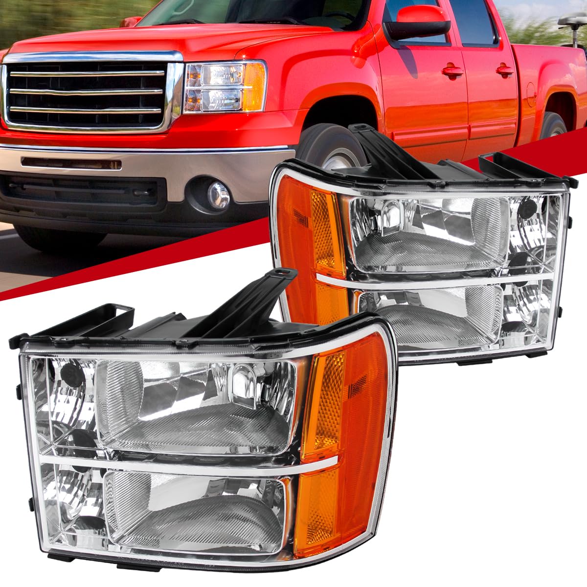 2007-2013 GMC Sierra Pickup Truck Clear Replacement Headlights Pair - Left & Right Side Headlamps for Improved Night Visibility & Style Upgrade