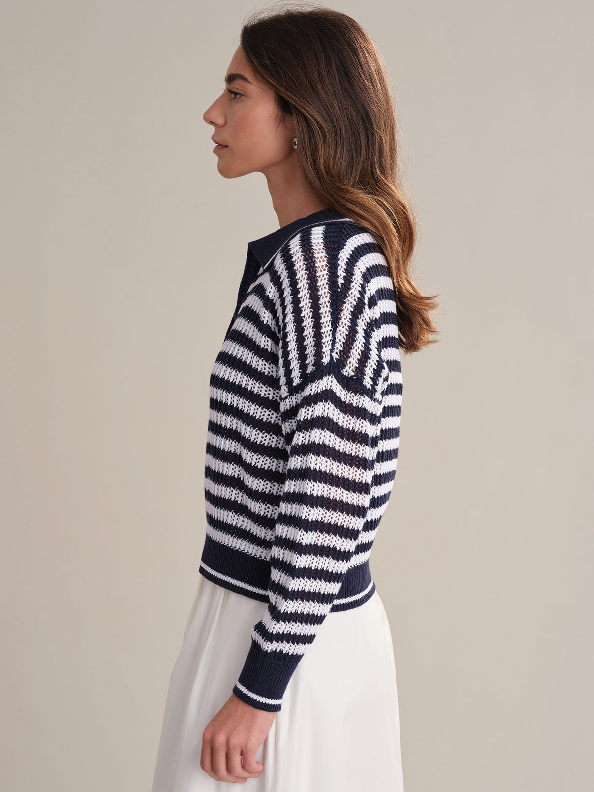 Kimberly Women's Stripe Open Stitch Polo Sweater - Casual Knit Top for Work, Office & Everyday Wear