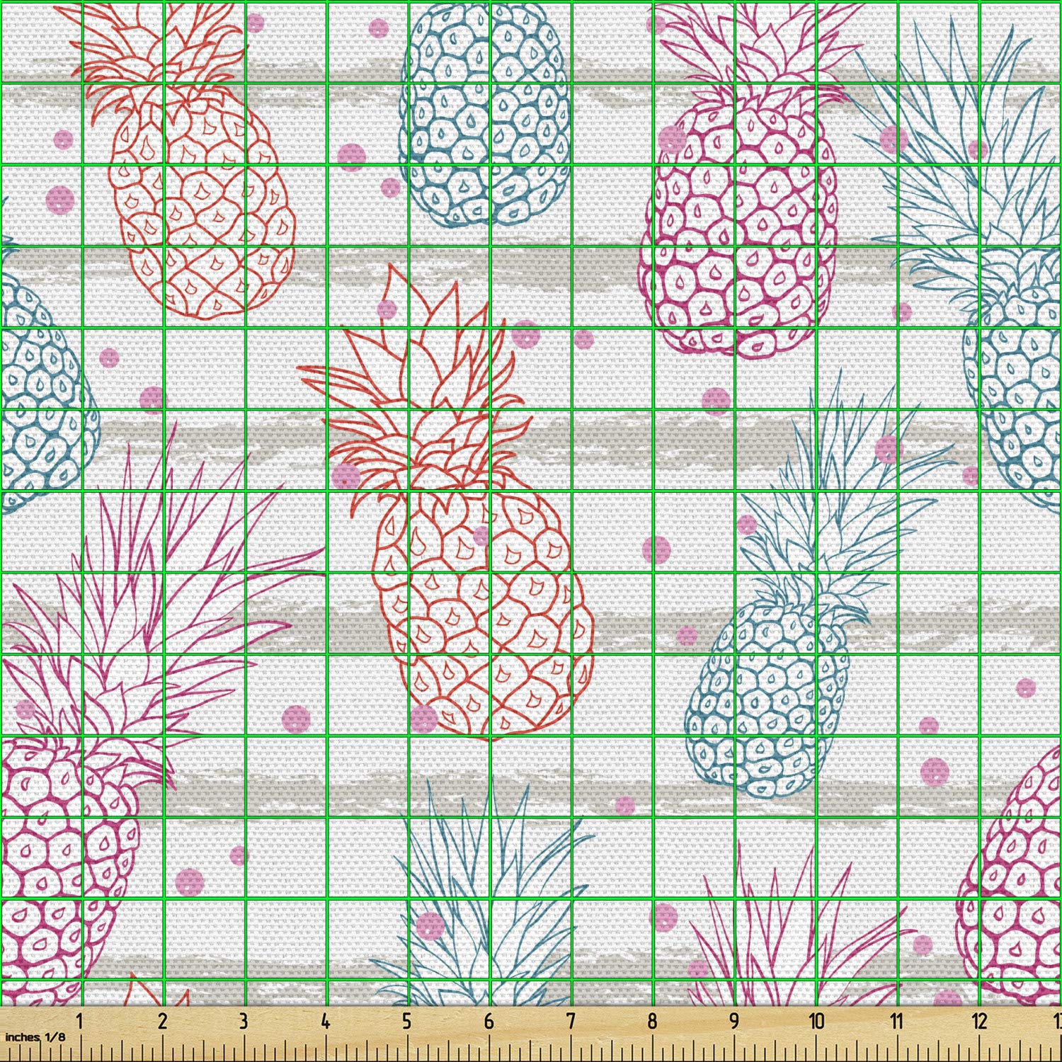 Ambesonne Tropical Fabric by The Yard - Hand-Drawn Pineapple Print on Dotted & Striped Background | Decorative Upholstery & Home Decor Fabric | 10 Yards Pink Coconut | Perfect for DIY Pillows, Curtains & Boho Home Decor