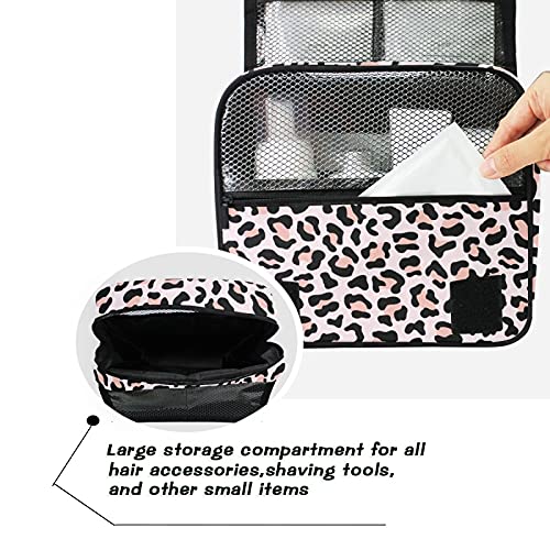 Rose Pink Leopard Print Hanging Toiletry Bag - Waterproof Travel Makeup Organizer with Clear Pockets for Cosmetics & Toiletries | Perfect for Camping, Gym, Business Trips & Vacation Essentials