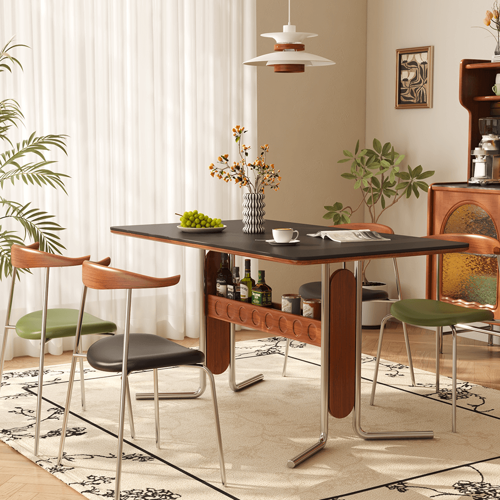 Vintage Dining Table Set with Square Slate Top, Storage Drawers & Stainless Steel Legs - Perfect for Small Space Kitchens, Farmhouse Dining Rooms & Modern Apartments