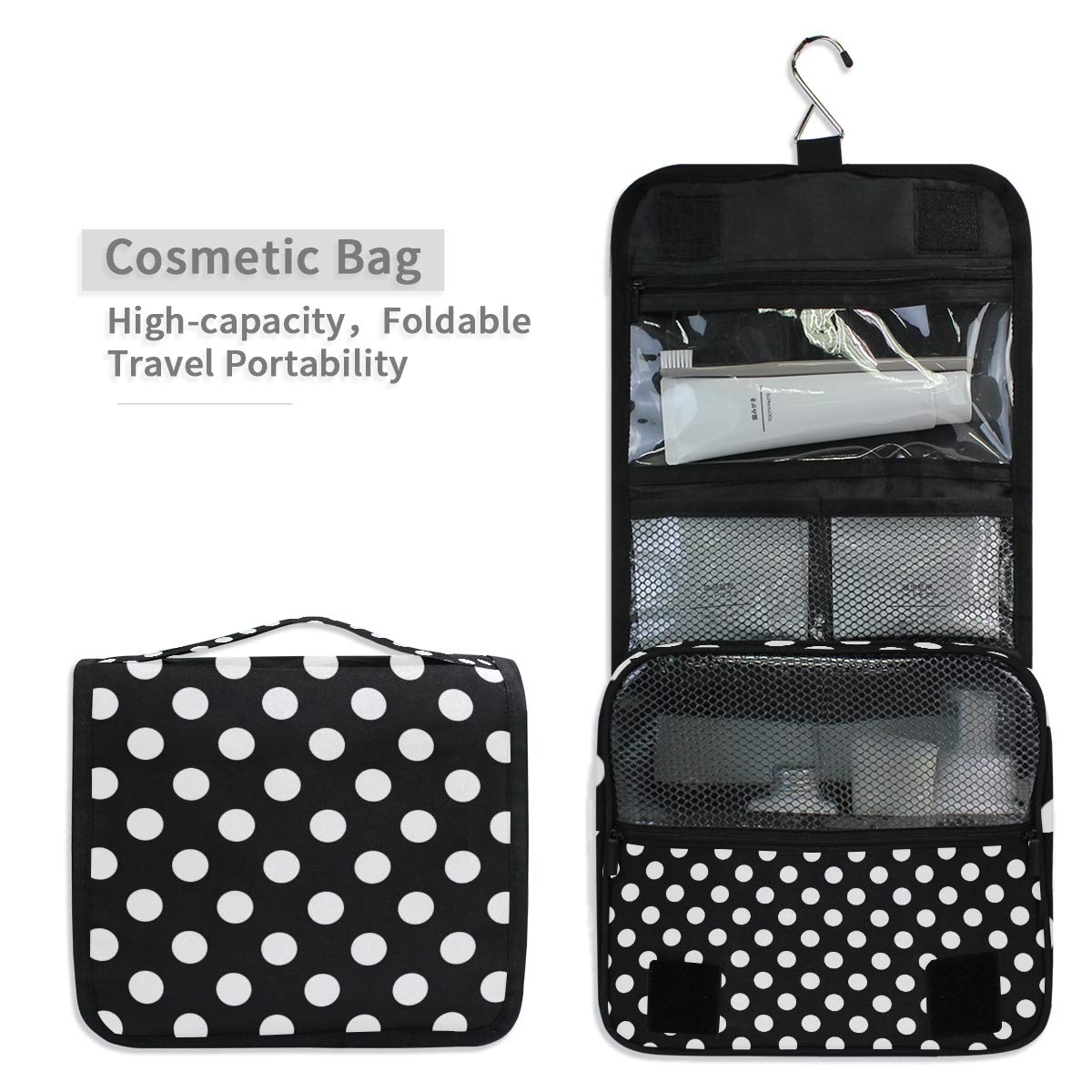 AGONA Hanging Toiletry Bag for Women & Men - Black White Polka Dot Travel Cosmetic Organizer with Sturdy Hook | Portable Makeup Pouch for Bathroom, Gym, Camping & Vacation Essentials Storage