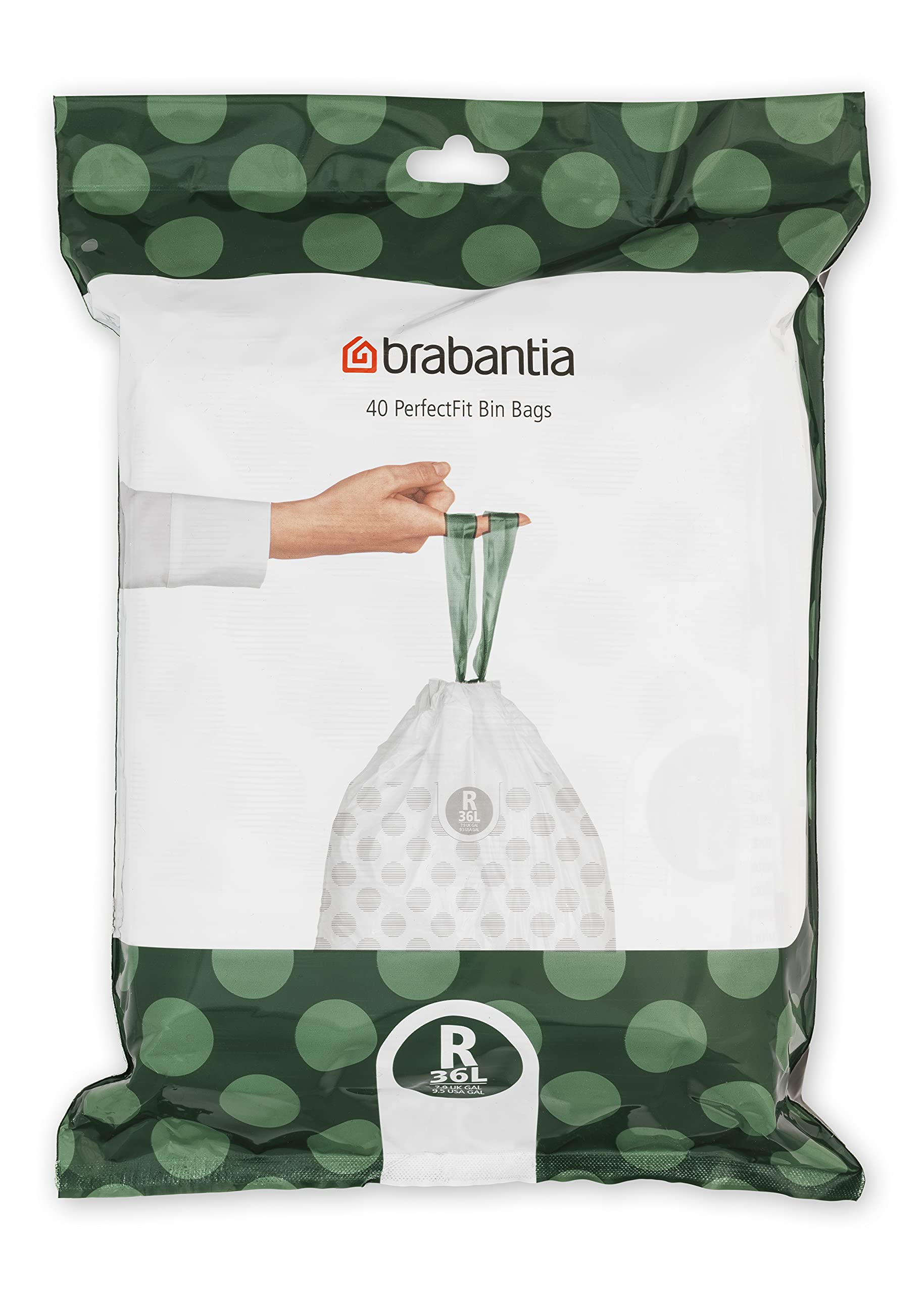 Brabantia PerfectFit Trash Bags - 9.5 Gallon Drawstring Trash Can Liners (40 Count) - Thick Plastic Garbage Bags for Kitchen, Bathroom & Office Waste Disposal