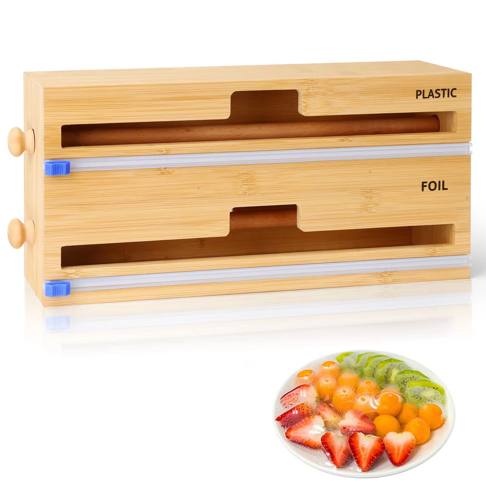 2-in-1 Bamboo Wrap Organizer with Cutter - Plastic Wrap & Wax Paper Dispenser for Kitchen Drawer - Tin Foil Organizer Holder Fits 12