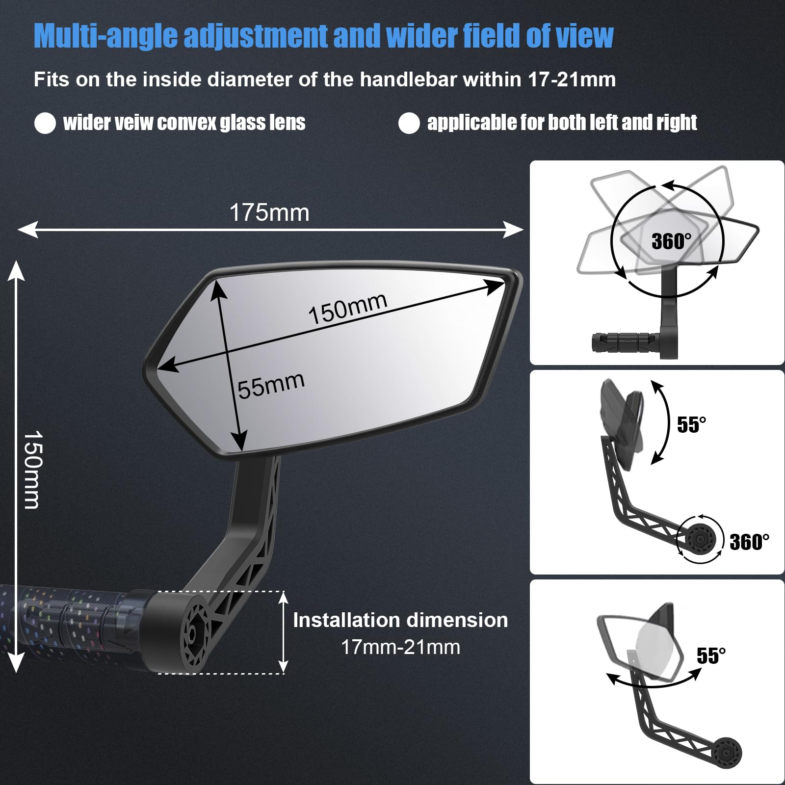 360° Adjustable Bike Mirrors for Handlebar - HD Wide Angle Rear View Mirror Set for Bicycles, E-Bikes, Scooters & MTB (Fits 17-21mm Handlebars) - Perfect for Commuting, Road Safety & Urban Riding