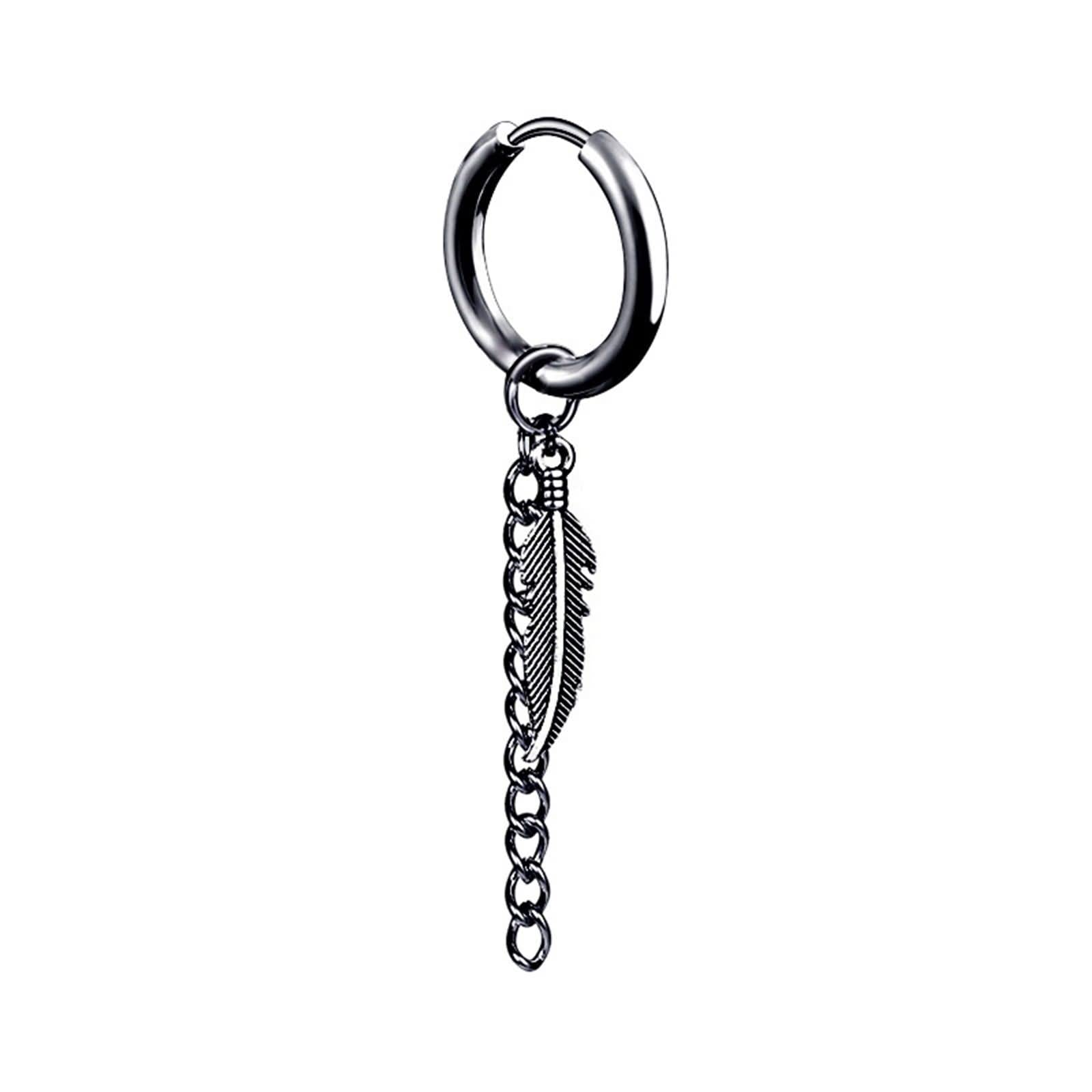 Trendy Stainless Steel Hoop Earrings with Feather Chain - Round Piercing Jewelry for Women & Men - Perfect for Parties, Gifts & Everyday Wear