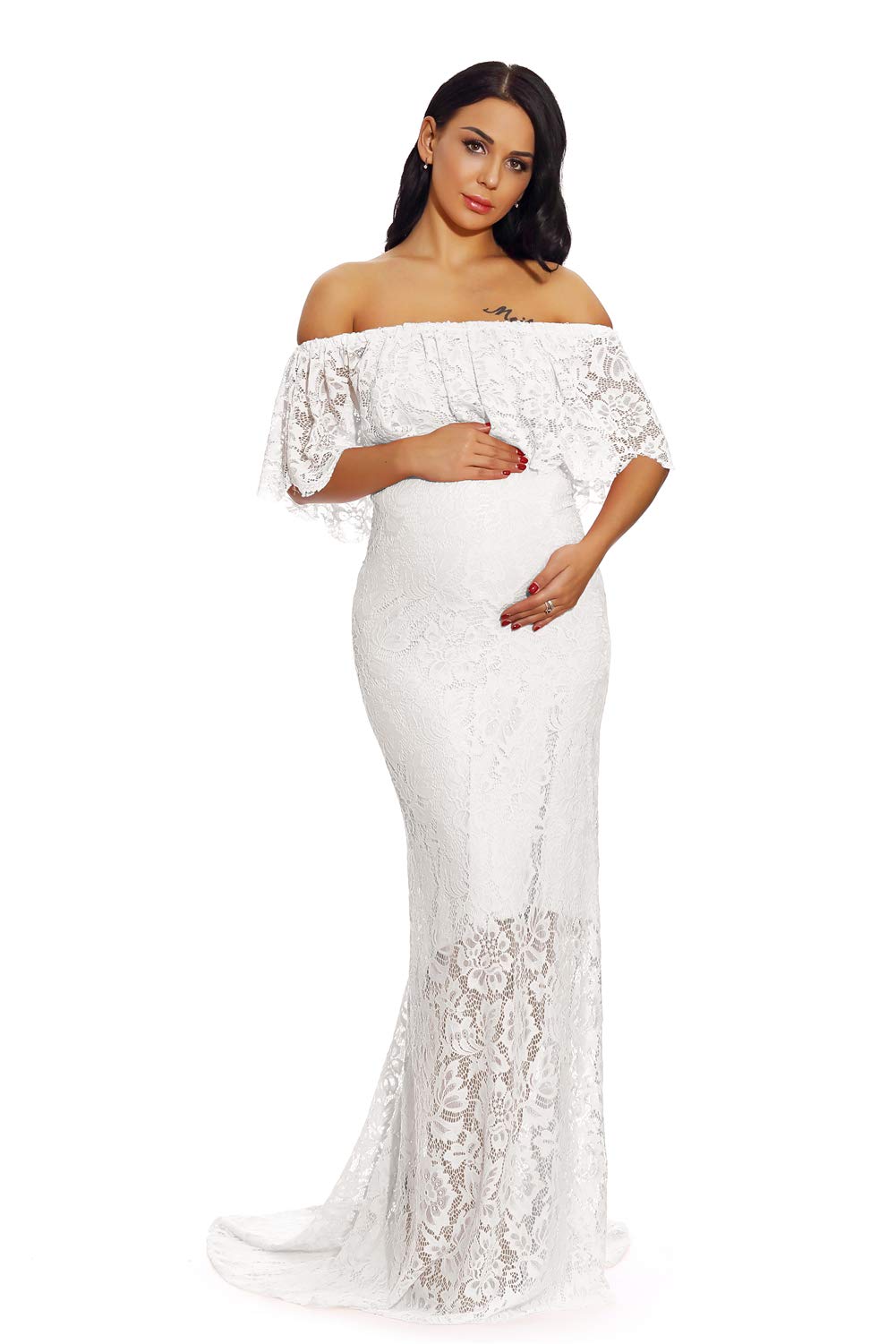 ZIUMUDY Women's Off Shoulder Ruffles Lace Maternity Dress - Elegant Maxi Gown for Baby Shower, Maternity Photoshoot & Special Occasions