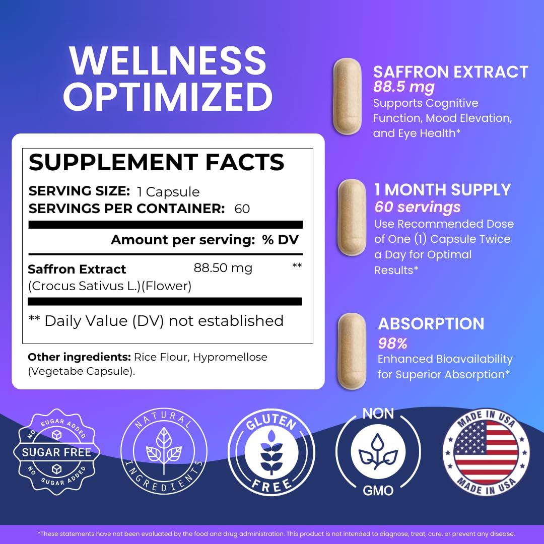 Premium Saffron Extract Supplement 88.5mg per Serving - 60 Vegan Capsules - Non-GMO, Gluten-Free, Made in USA - Mood Support & Stress Relief - Perfect for Daily Wellness Routine & Emotional Balance