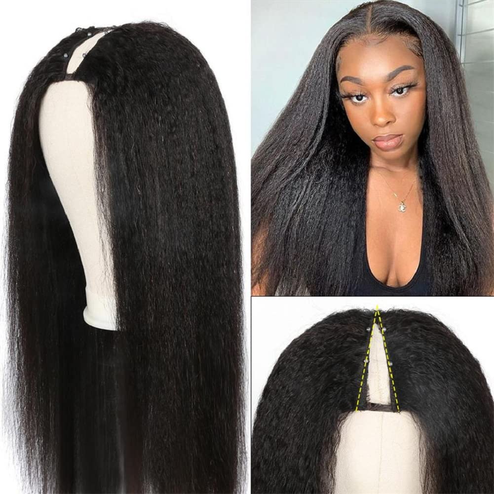 18 Inch Brazilian Virgin Human Hair V Part Wig - Kinky Straight Yaki Texture Glueless Half Wig with Clips for Black Women | Perfect for Daily Wear, Parties & Protective Styling