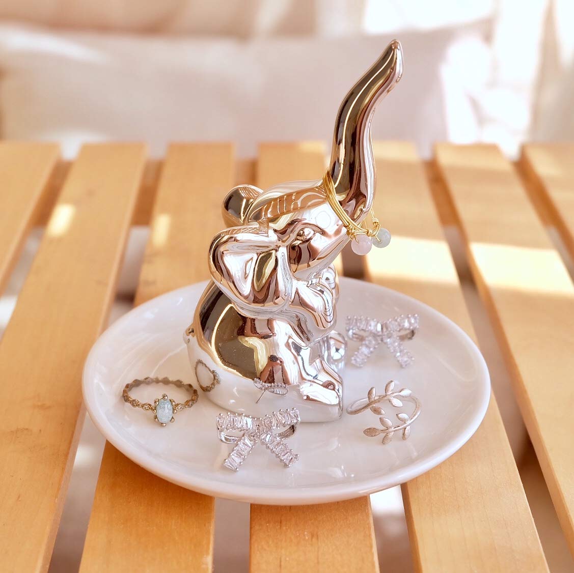 PUDDING CABIN Elephant Ring Holder - Elegant Jewelry Dish & Trinket Tray for Rings, Earrings - Perfect Women's Birthday Gift, Christmas, Wedding, Bridesmaid & Bridal Shower Present - Silver Elephant Decor for Girls & Women - Ideal for Bedroom Dresser, Bathroom Counter & Vanity Organizer