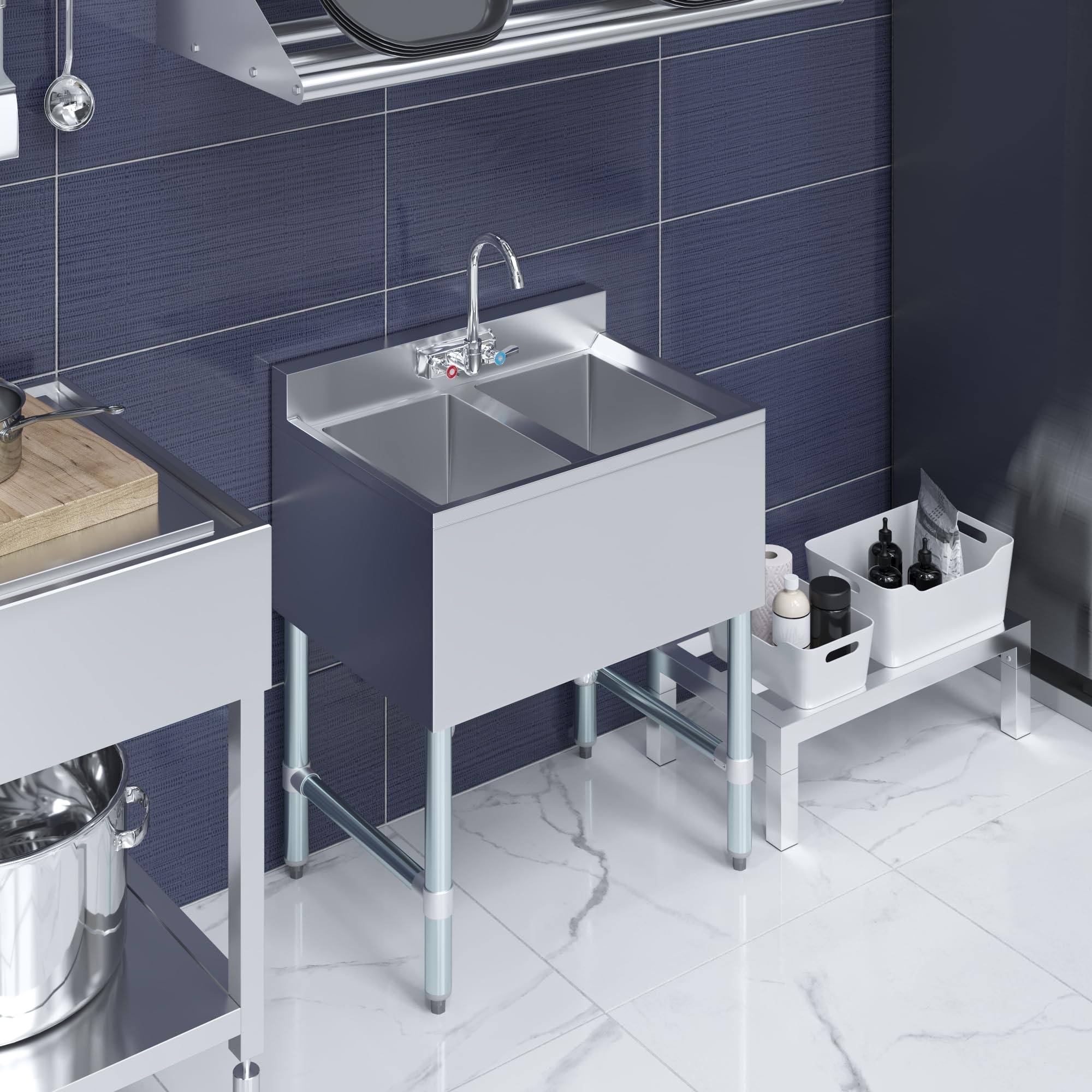 AmGood 2 Compartment Commercial Under Bar Sink with Faucet - 26