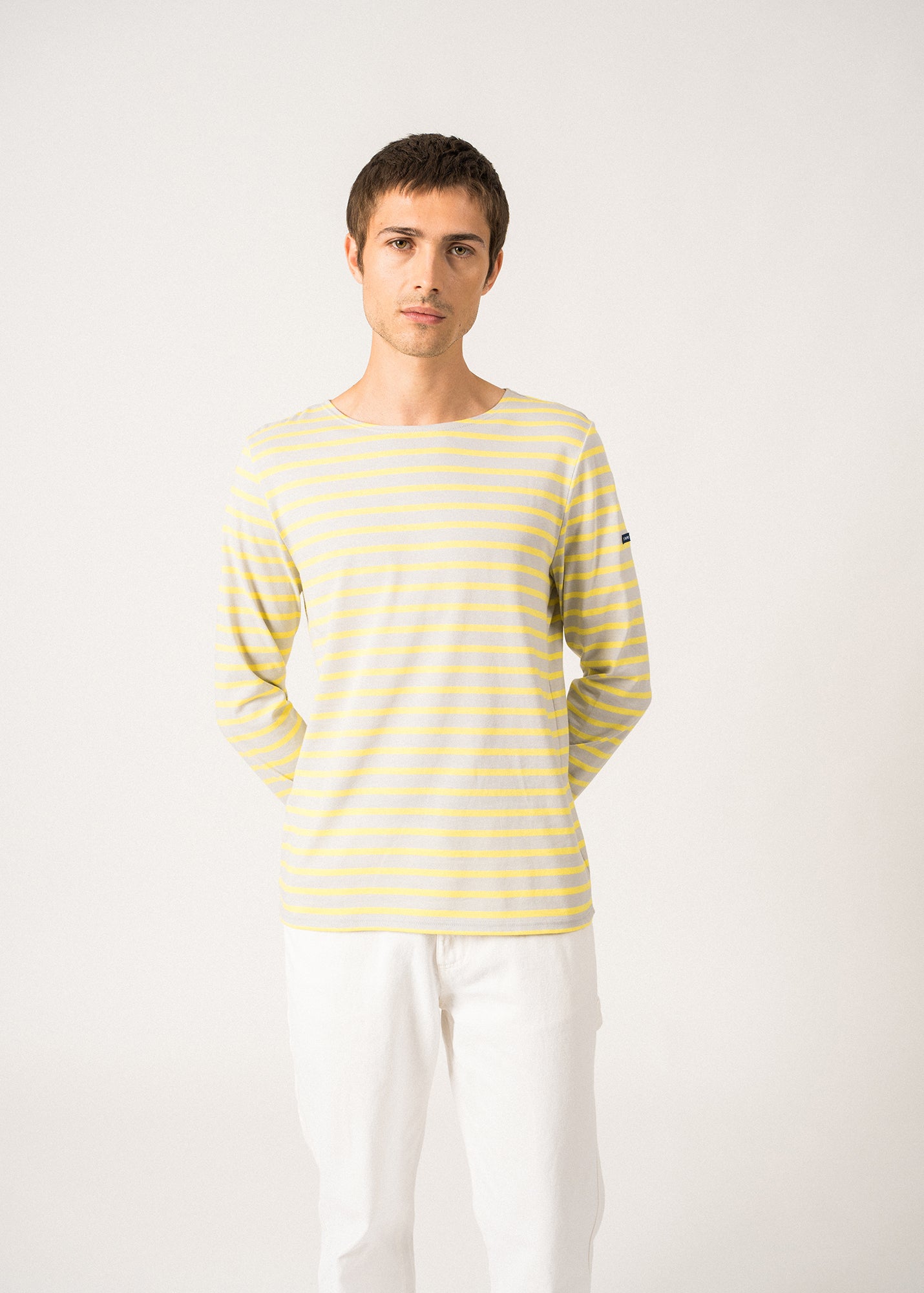 MINQUIERS MODERN Authentic Breton Stripe Shirt for Men | Soft 100% Cotton French Navy Shirt | Classic Fit in Light Gray & Yellow | Perfect for Casual Wear, Beach Outfits & Summer Fashion