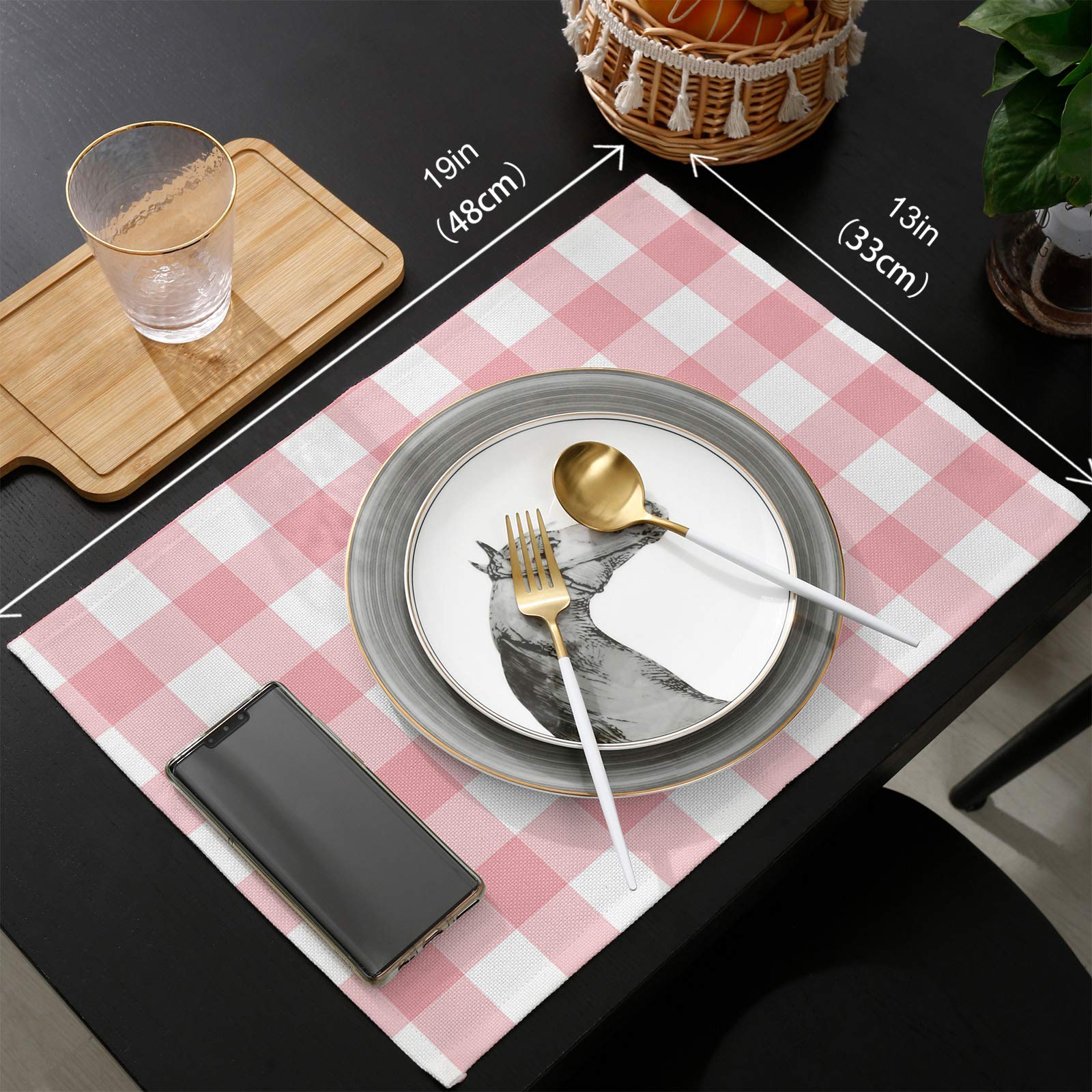 6-Pack Pink and White Buffalo Plaid Placemats - Heat Resistant, Stain Proof & Non-Slip Kitchen Table Mats - Washable Polyester Dining Placemats for Holiday Dinners, Family Gatherings & Everyday Use