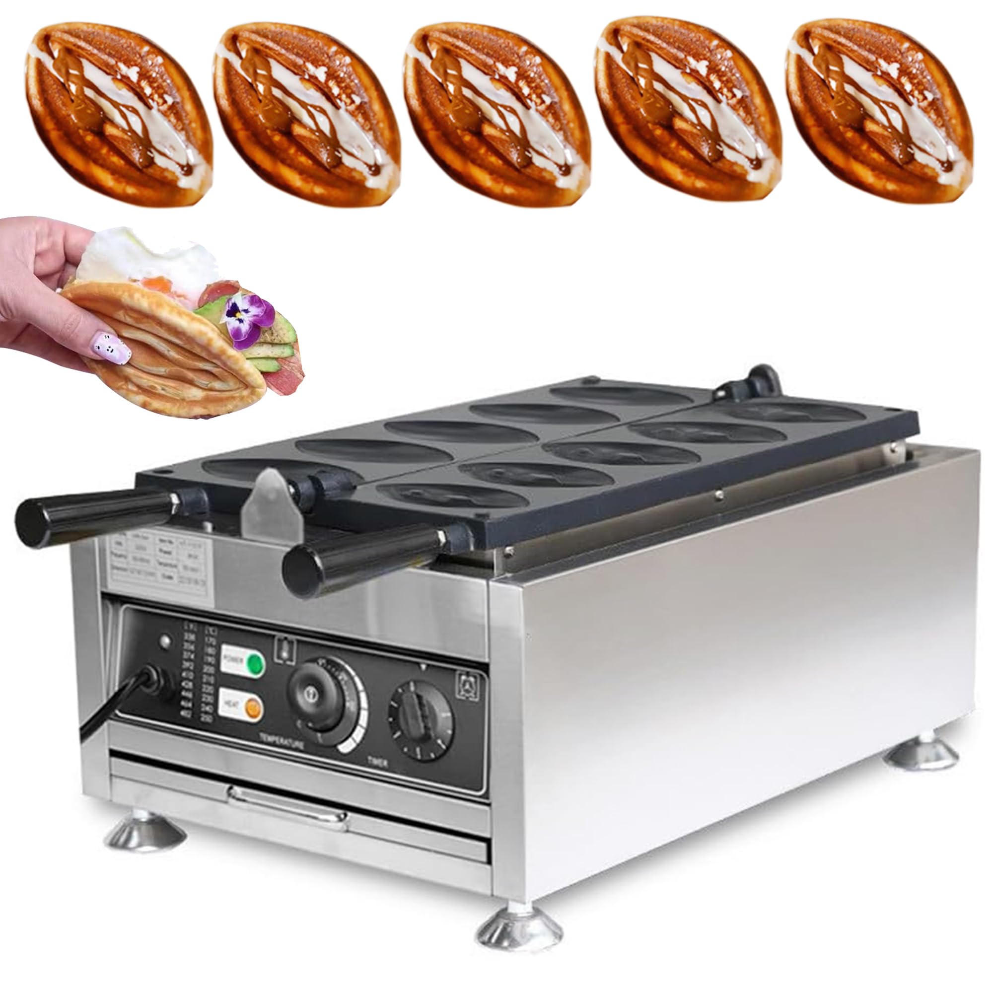 Commercial Abalone-Shaped Waffle Maker with Removable Non-Stick Plates - 5-Piece Electric Rotating Waffle Iron Set in Stainless Steel for Restaurants, Cafes, and Snack Bars - Perfect for Making Unique Waffle Desserts and Breakfast Treats