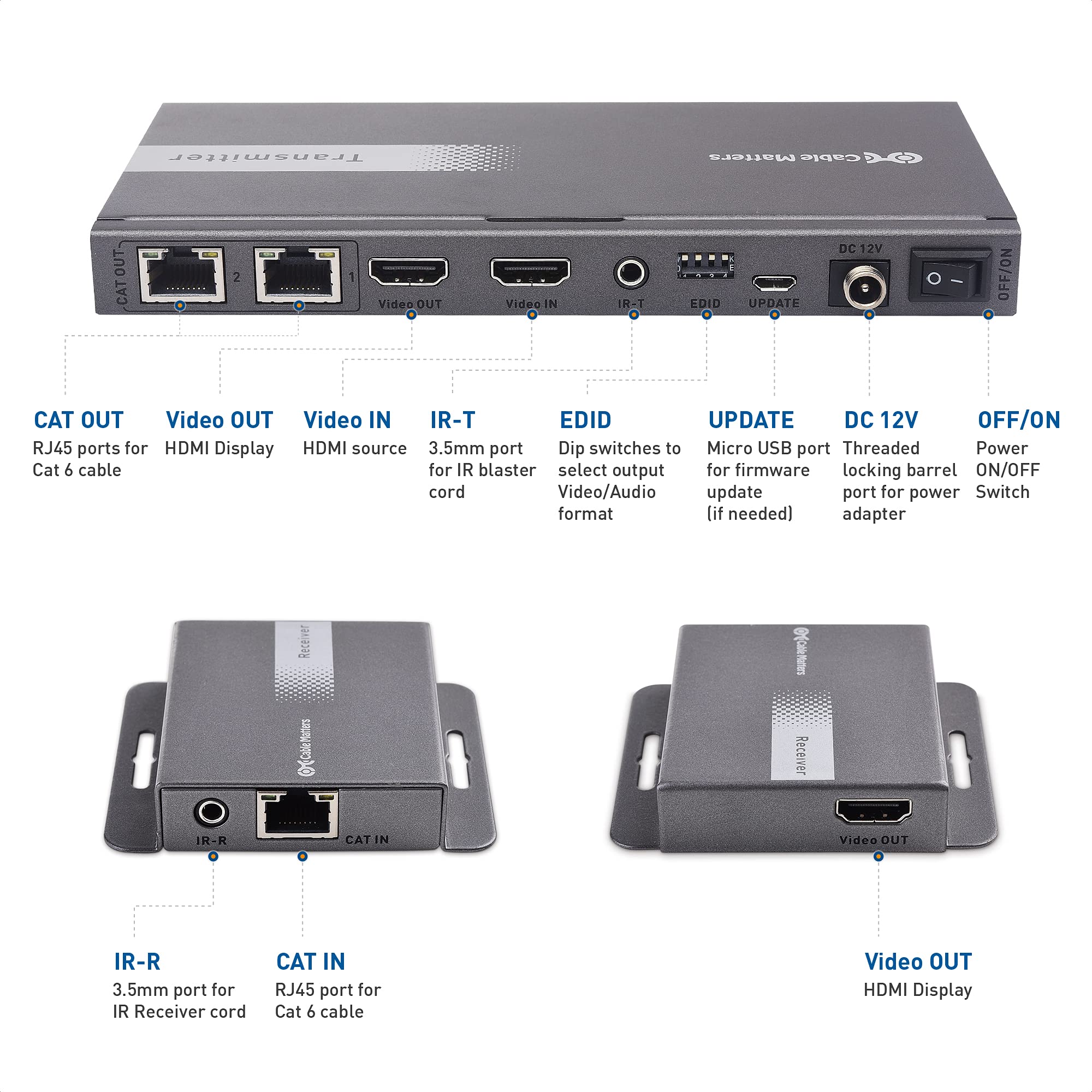 Cable Matters 4K 1x2 HDMI Extender Splitter - 4K HDMI Over Ethernet Extender Kit for 1-to-2 Setups | Supports 4K@60Hz up to 131ft & 1080p@60Hz up to 230ft | Ideal for Home Theater, Gaming & Conference Room Setup