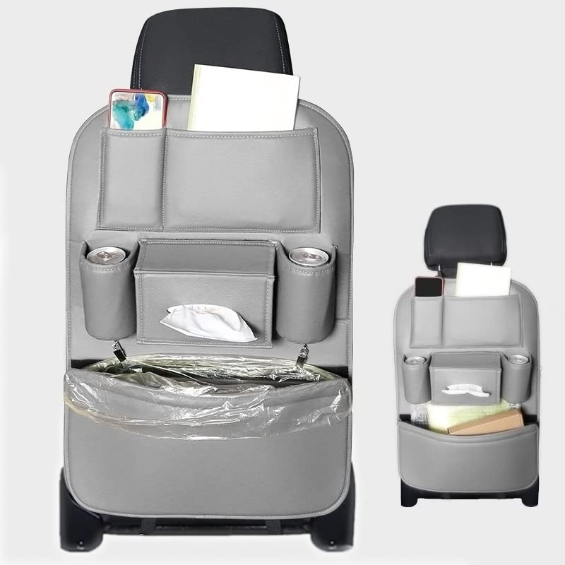 Premium Leather Car Seat Storage Organizer - Hanging Rear Seat Storage Bag with Kick Mats for All Vehicles (Grey) | Perfect for Road Trips, Baby Essentials & Car Organization