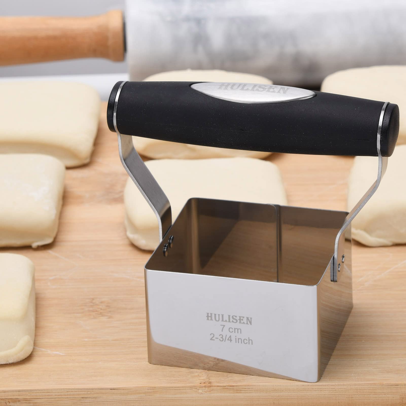 HULISEN 3-Piece Biscuit Cutter Set with 2.75 Inch Square Cutter - Soft Grip Handle, Professional Baking Tools for Cookies, Pastry & Dough - Dishwasher Safe Baking Accessories - Perfect for Holiday Baking, DIY Desserts & Gift Giving