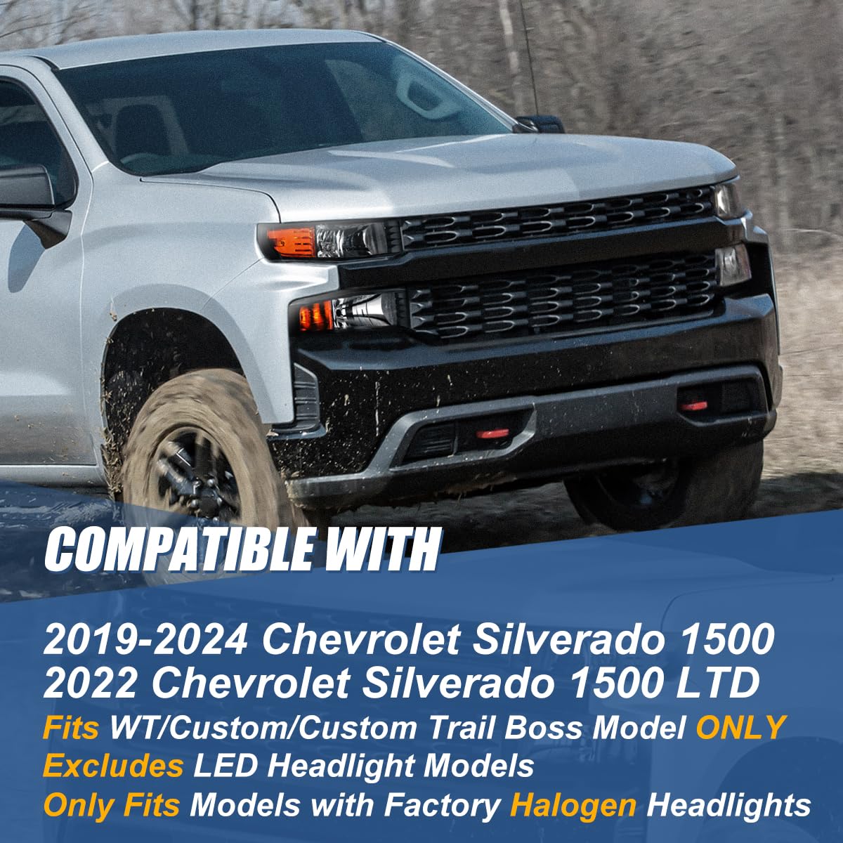 Auto Dynasty Headlights Assembly Replacement for 2019-2024 Chevy Silverado 1500 WT/LTD/Custom/Custom Trail Boss - Black Housing with Amber Corner (Driver & Passenger Side) | Durable LED Headlamps for Night Driving & Off-Road Adventures