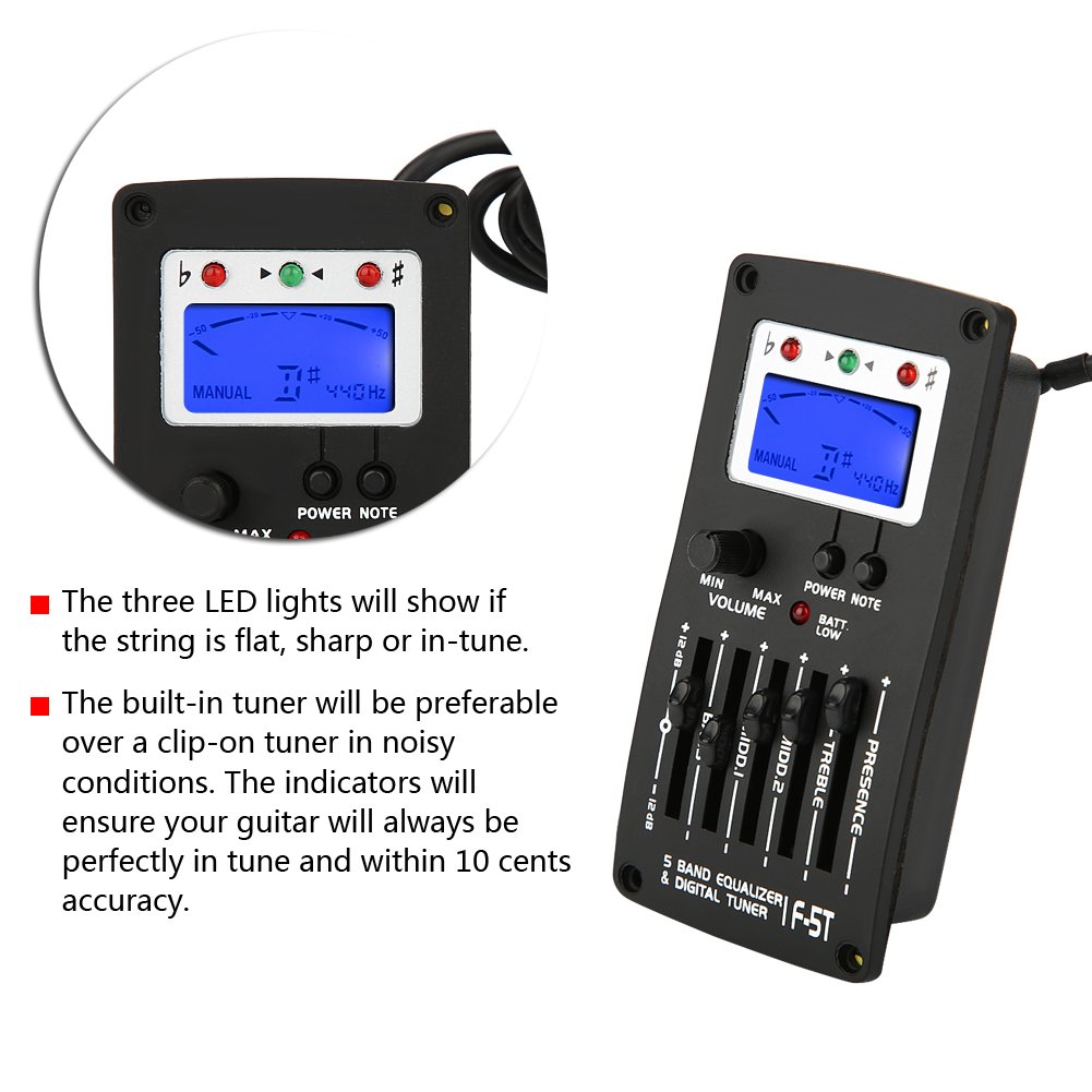 F-5T 5-Band Equalizer Digital Tuner & Pickup for Electric/Acoustic/Classic Guitars - Perfect for Live Performances, Studio Recording & Home Practice