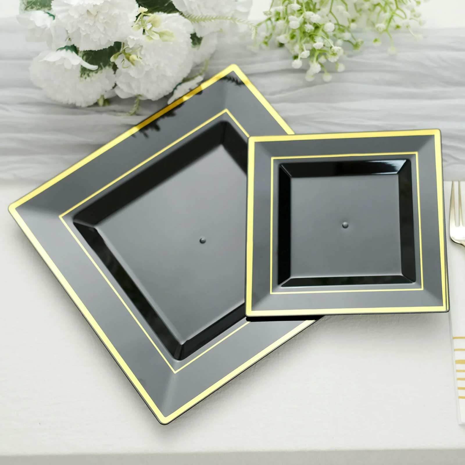 Efavormart 7 Inch Gold Trim Black Square Plastic Plates - 10 Pack for Salad, Dessert, Party, Wedding & Catering Events