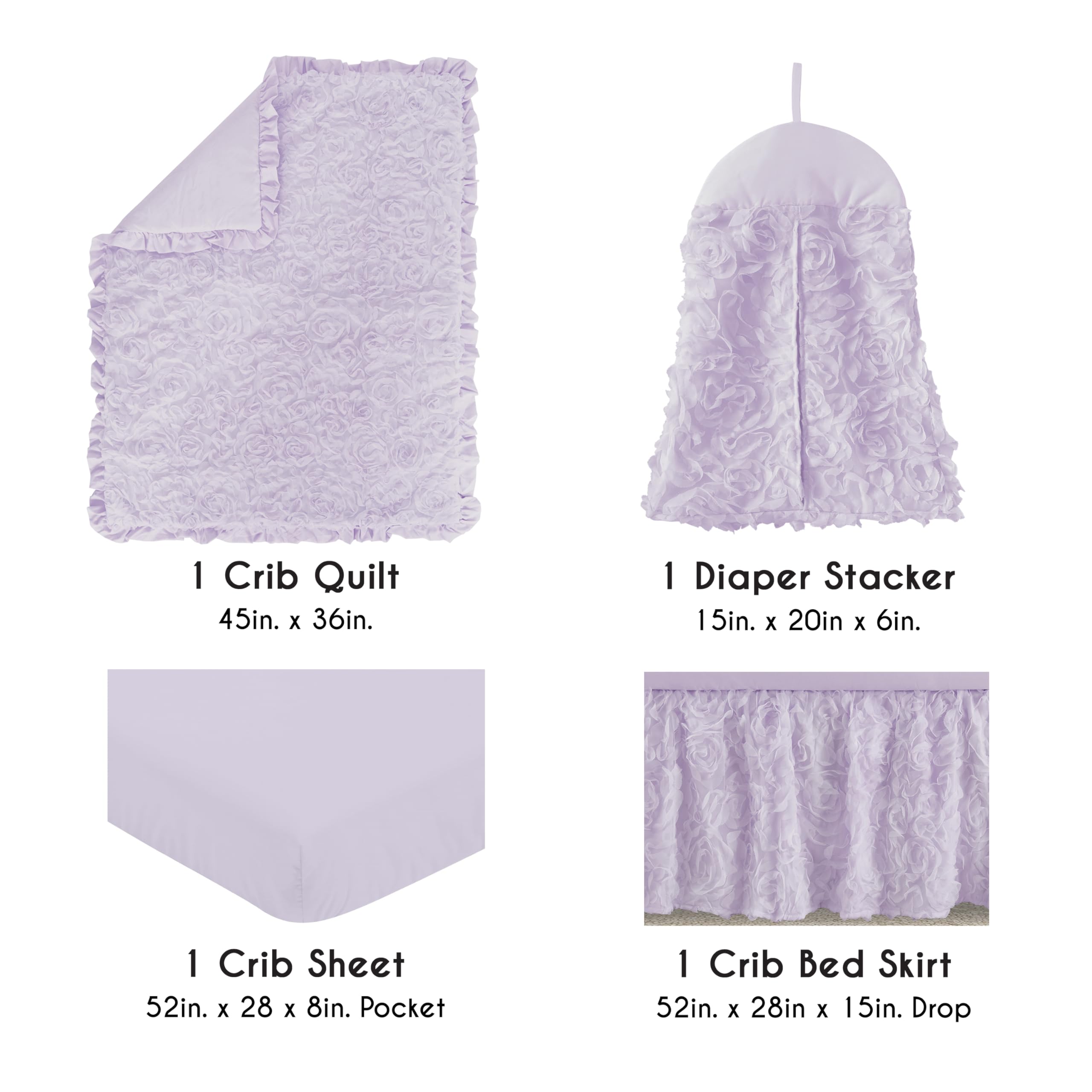 Sweet Jojo Designs 4-Piece Baby Crib Bedding Set - Purple Lavender Floral Rose Pattern for Girls Nursery, Includes Blanket, Fitted Sheet, Skirt & Diaper Stacker | Elegant Princess Luxury Crib Set with Ruffle Roses | Perfect for Newborns, Baby Showers & Nursery Decor