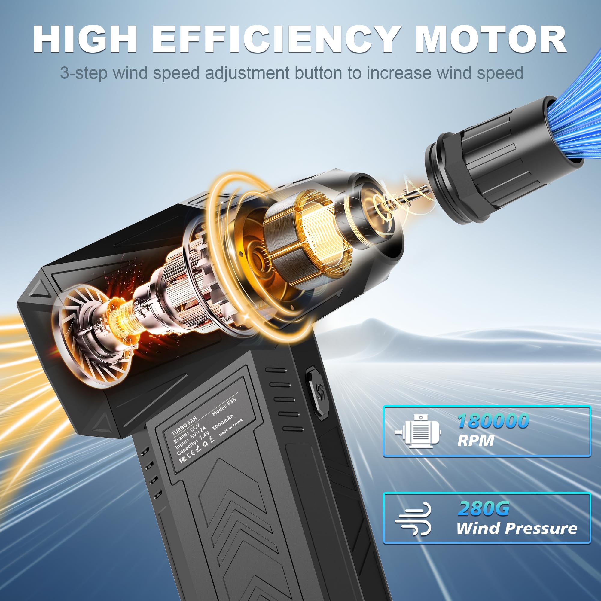 180,000 RPM Cordless Electric Air Duster - Rechargeable Compressed Air Blower with 3 Speed Settings for Keyboard, PC, Car & Home Cleaning | Powerful Jet Dry Blower for Electronics, Dusting & Detailing (Black)