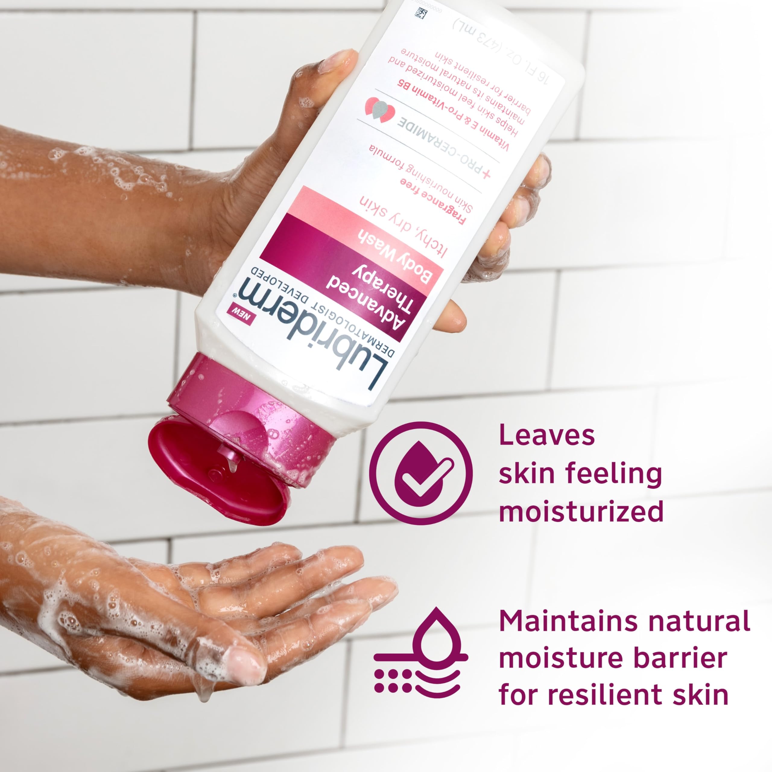 Lubriderm Advanced Therapy Body Wash - Unscented Nourishing Cleanser with Pro-Ceramide, Vitamin E & B5 for Dry, Itchy Skin Relief | Fragrance-Free, Hypoallergenic Formula | 16 fl oz | Perfect for Sensitive Skin & Daily Moisturizing Care