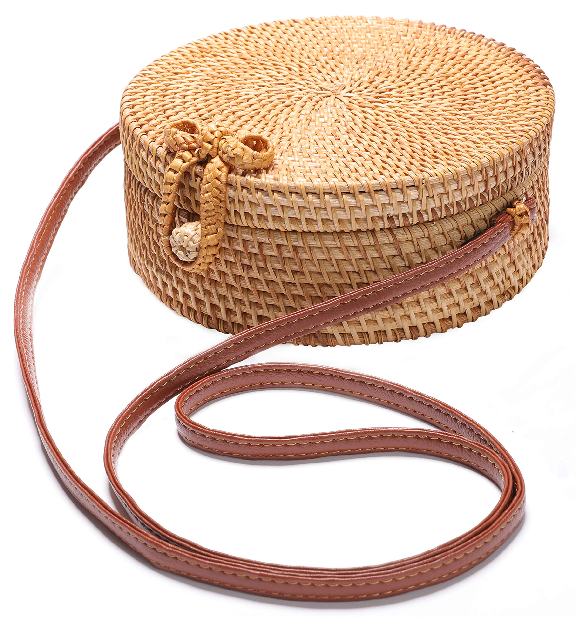 Handwoven Round Rattan Bag with Leather Shoulder Straps - Natural Boho Chic Beach Bag for Women, Perfect for Summer Outings, Vacations and Casual Daily Use