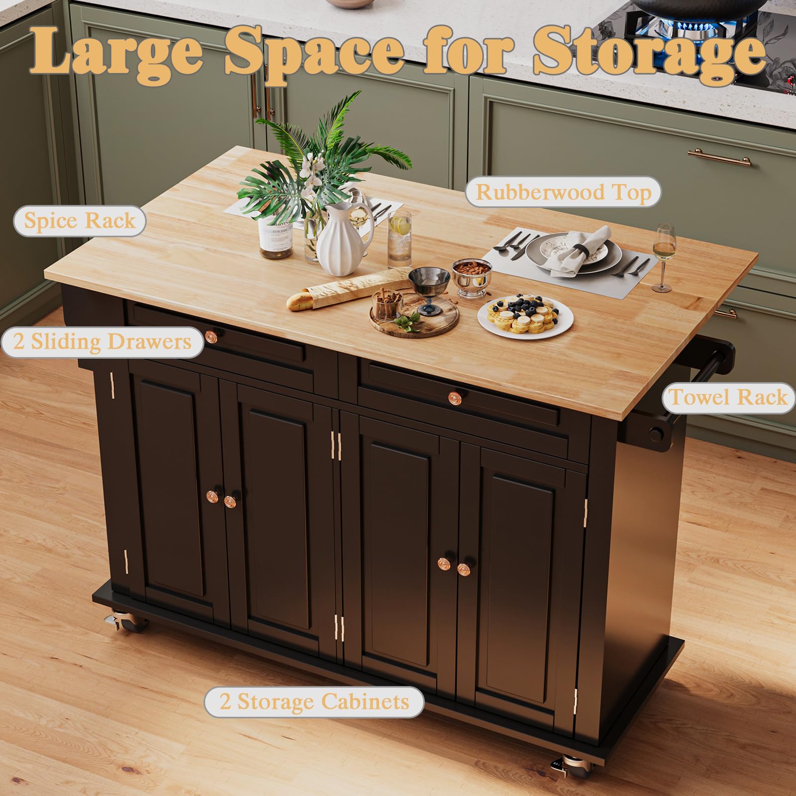 Rolling Kitchen Island with Drop Leaf - Mobile Kitchen Cart with Storage, Towel Rack & Drawers - Versatile Island Table for Small Kitchens, Dining Rooms & Apartments (Black) | Perfect for Extra Counter Space, Food Prep & Entertaining Guests