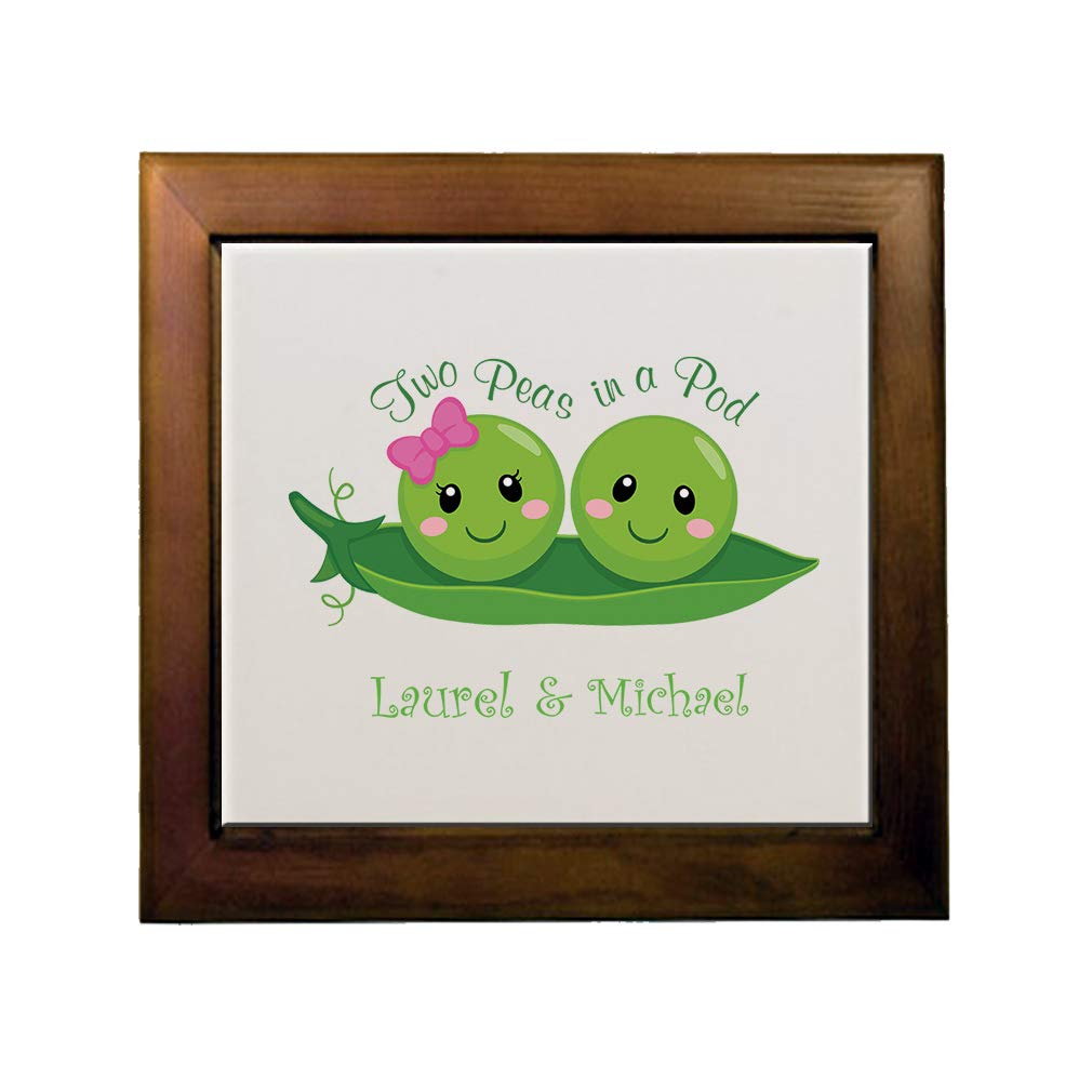 Custom Engraved 'Two Peas in a Pod' Ceramic Tile in Wood Frame - Personalized Gift for Couples, Best Friends & Family - Perfect for Anniversaries, Weddings & Home Decor