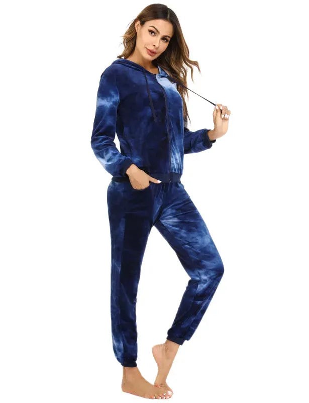 Women's Casual Velvet Tie-Dye Jogger Set - Soft Lounge Wear for Home, Yoga & Running - Comfortable Two Piece Outfit for Women