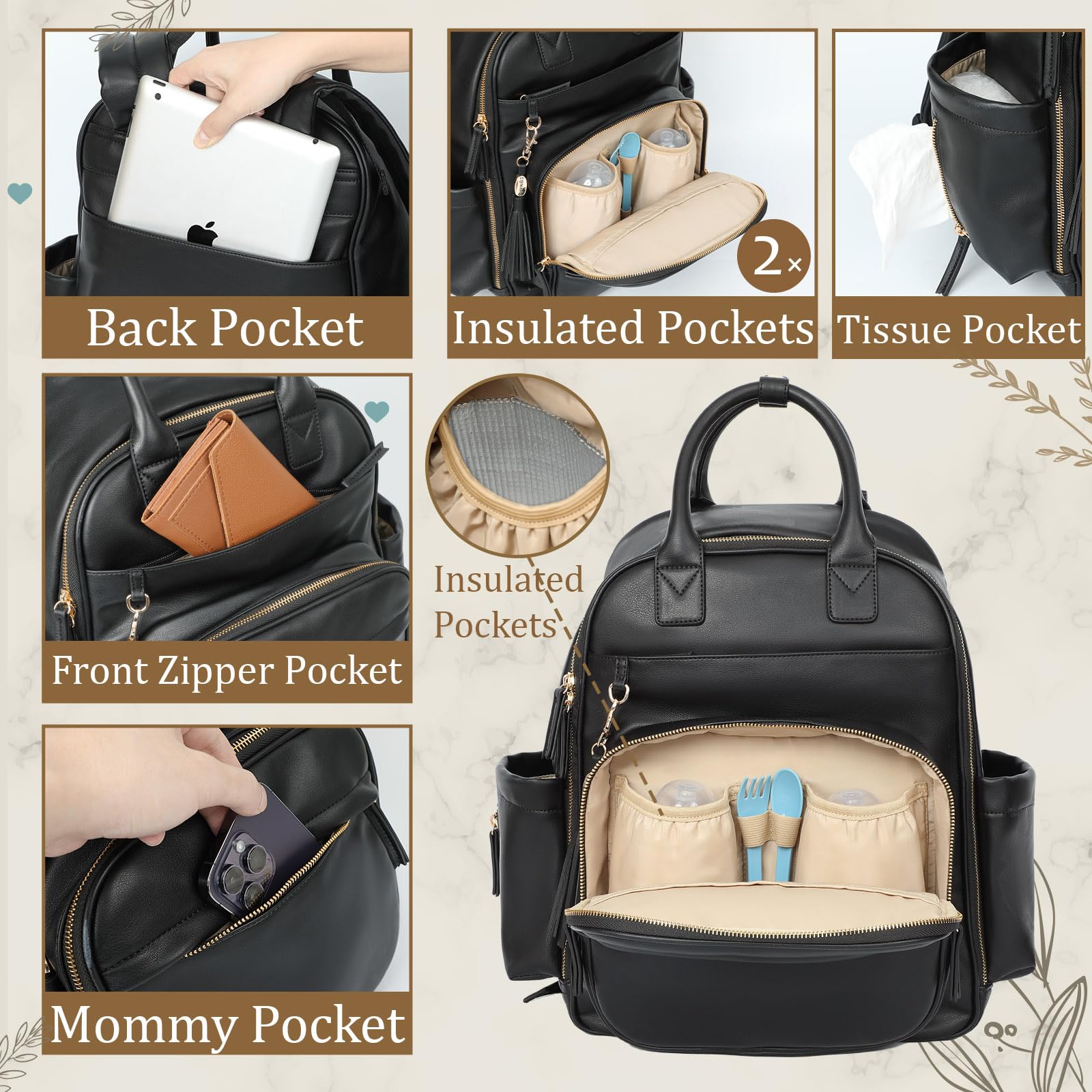 Premium Leather Diaper Backpack for Moms - Large Travel Baby Bag with Changing Pad | Stylish & Spacious Diaper Bag for On-the-Go Parents, Perfect for Travel, Shopping & Daily Outings