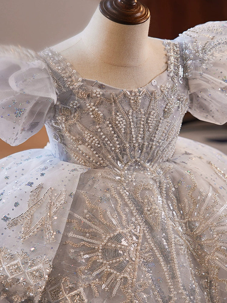 White Princess Square Floor Length Organza Flower Girl Dress for Weddings, Baptisms & Special Occasions