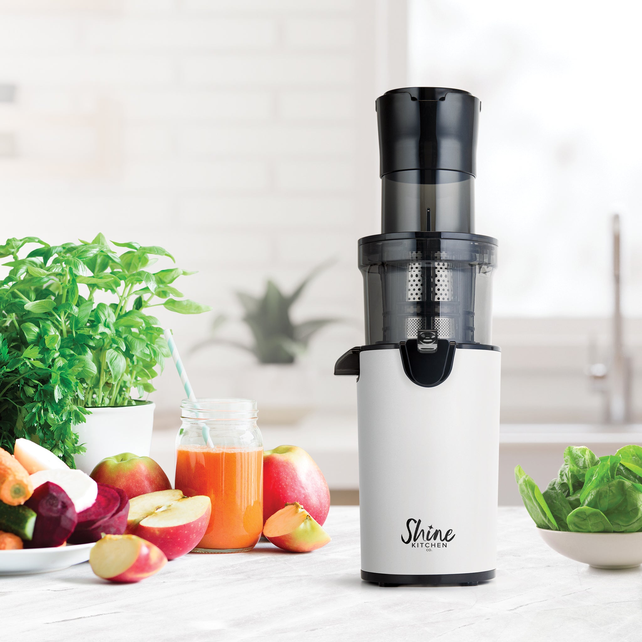 Shine Kitchen Co.® Easy Cold Press Juicer with XL Feed Chute - Slow Masticating Juicer for Fruits & Vegetables - Perfect for Healthy Juicing, Detox & Weight Loss at Home
