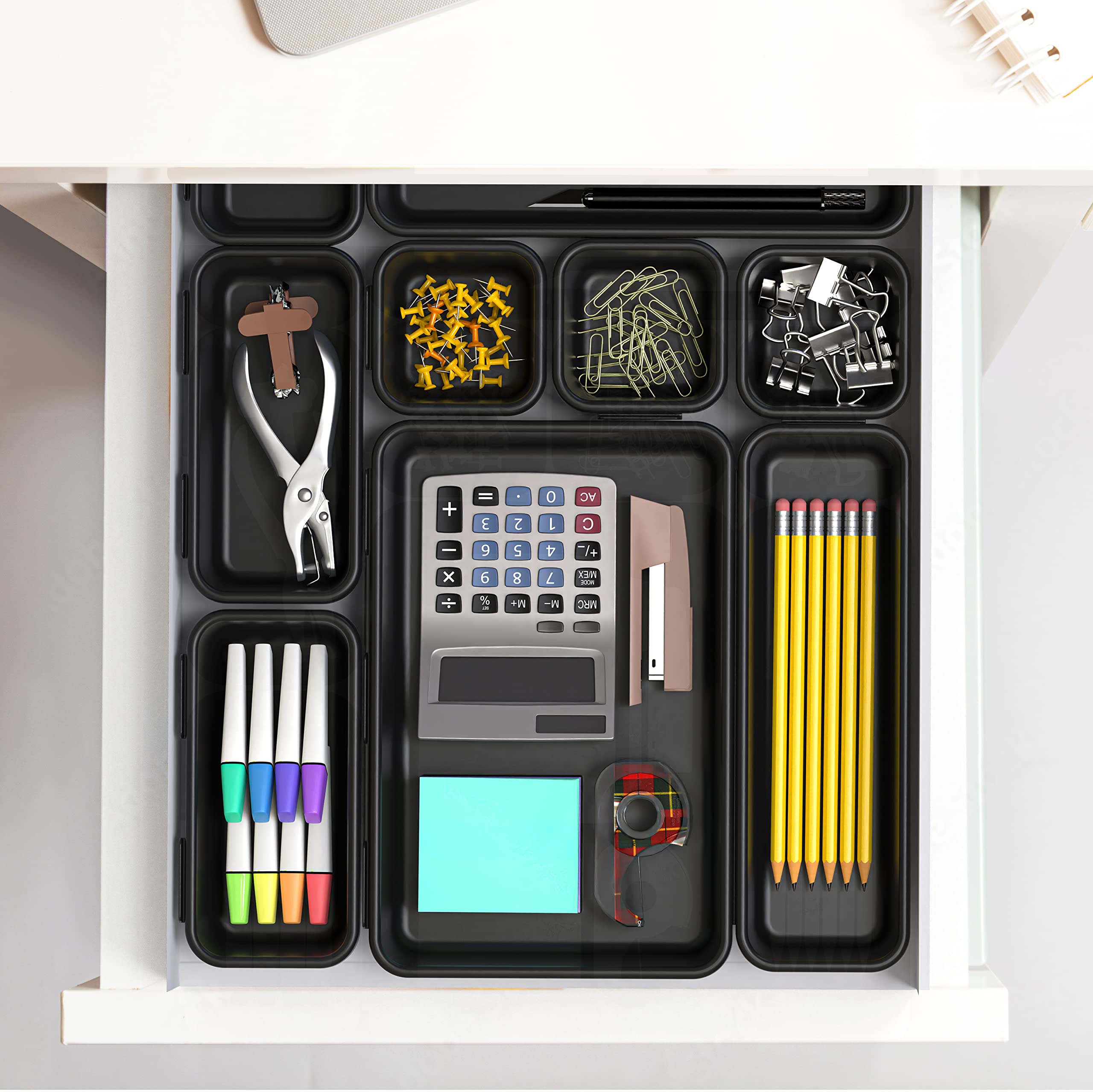 Interlocking Desk Drawer Organizer Bins - 10 Pack Black | Stackable Storage Containers for Office, Kitchen, Bathroom & Closet Organization