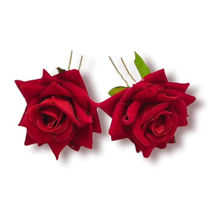 Handmade Red Rose Floral Hair Pin for Women - Elegant U-Shaped Hair Fork Wedding Hair Accessories (Pack of 2) | Perfect for Bridal Hairstyles, Prom, Formal Events & Special Occasions
