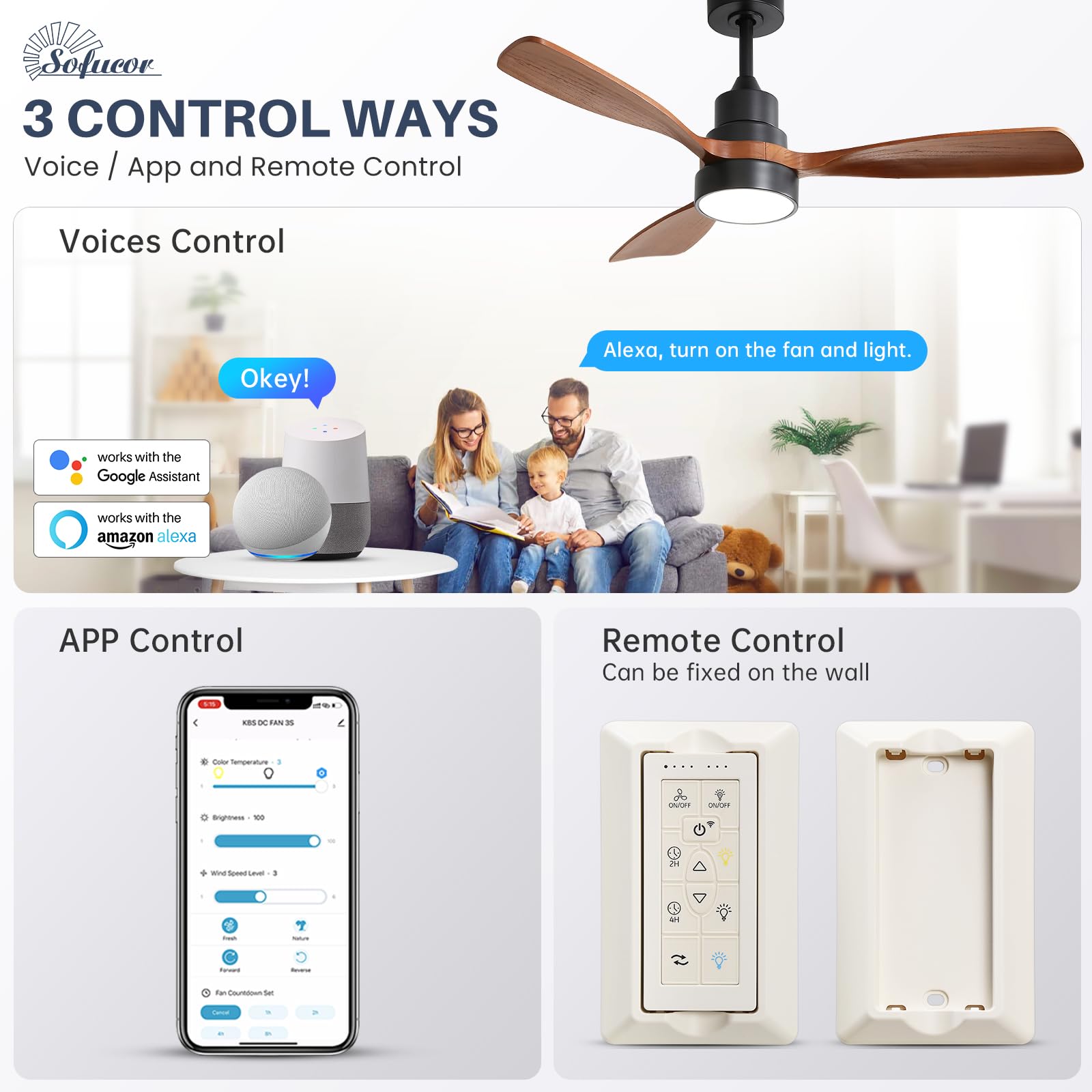 48 Inch Smart Ceiling Fan with Lights - Remote & APP Control, Alexa/Google Home Compatible - 3 Blade Brown Black Solid Wood Low Profile Fan for Indoor/Outdoor Use - Perfect for Bedroom, Living Room, Farmhouse, Patio and More