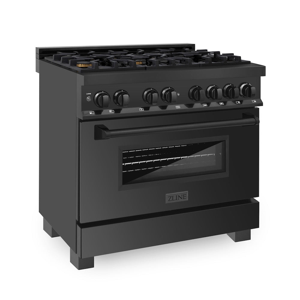 ZLINE 36-inch Black Stainless Steel Kitchen Package - Dual Fuel Range, Range Hood & Microwave Drawer (4KPR RABRH36 MW) | Premium Appliance Bundle for Modern Kitchens & Home Renovations